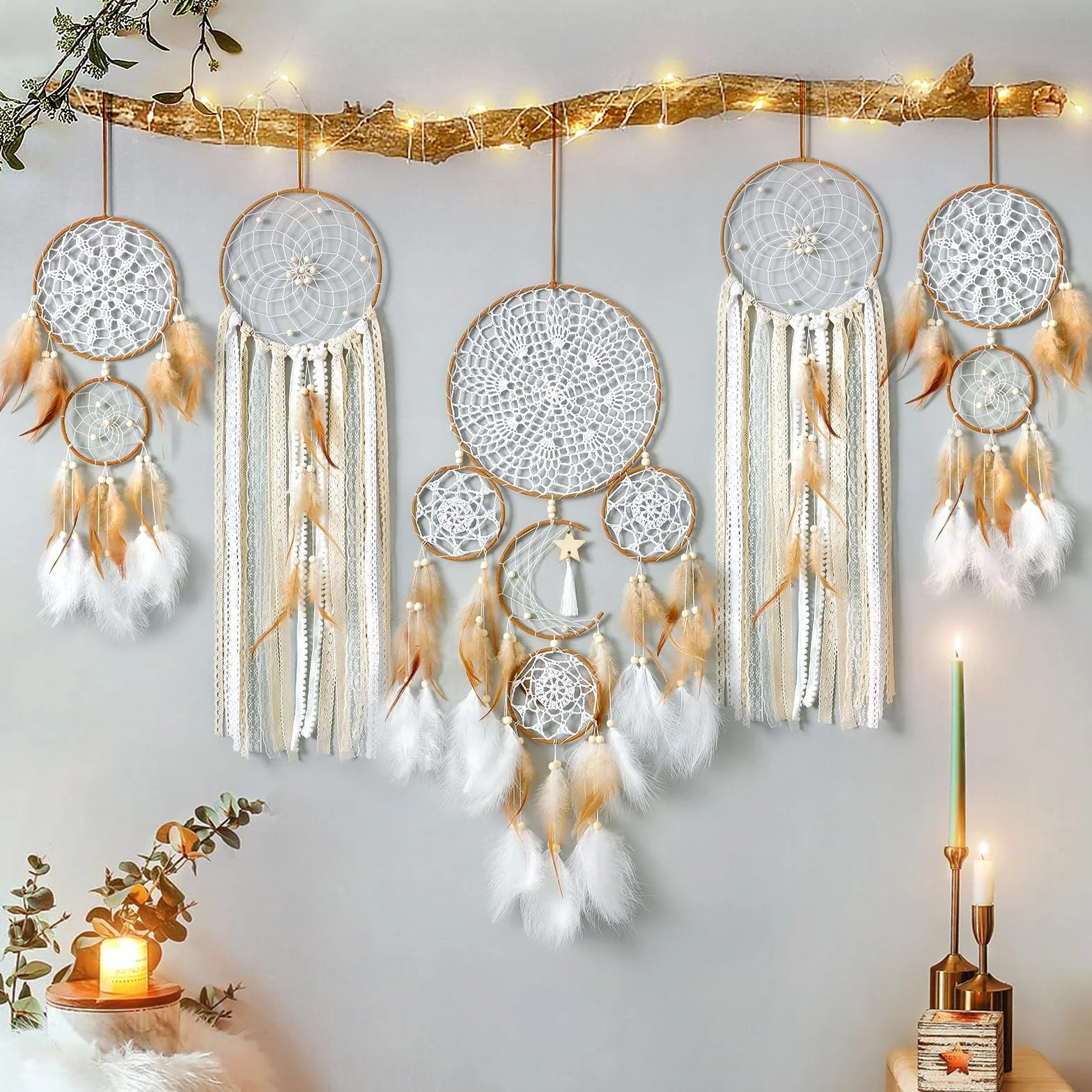 Set di 5 acchiappasogni motivo luna e sole bohémien fatti a mano per parete decorazione camera da letto
