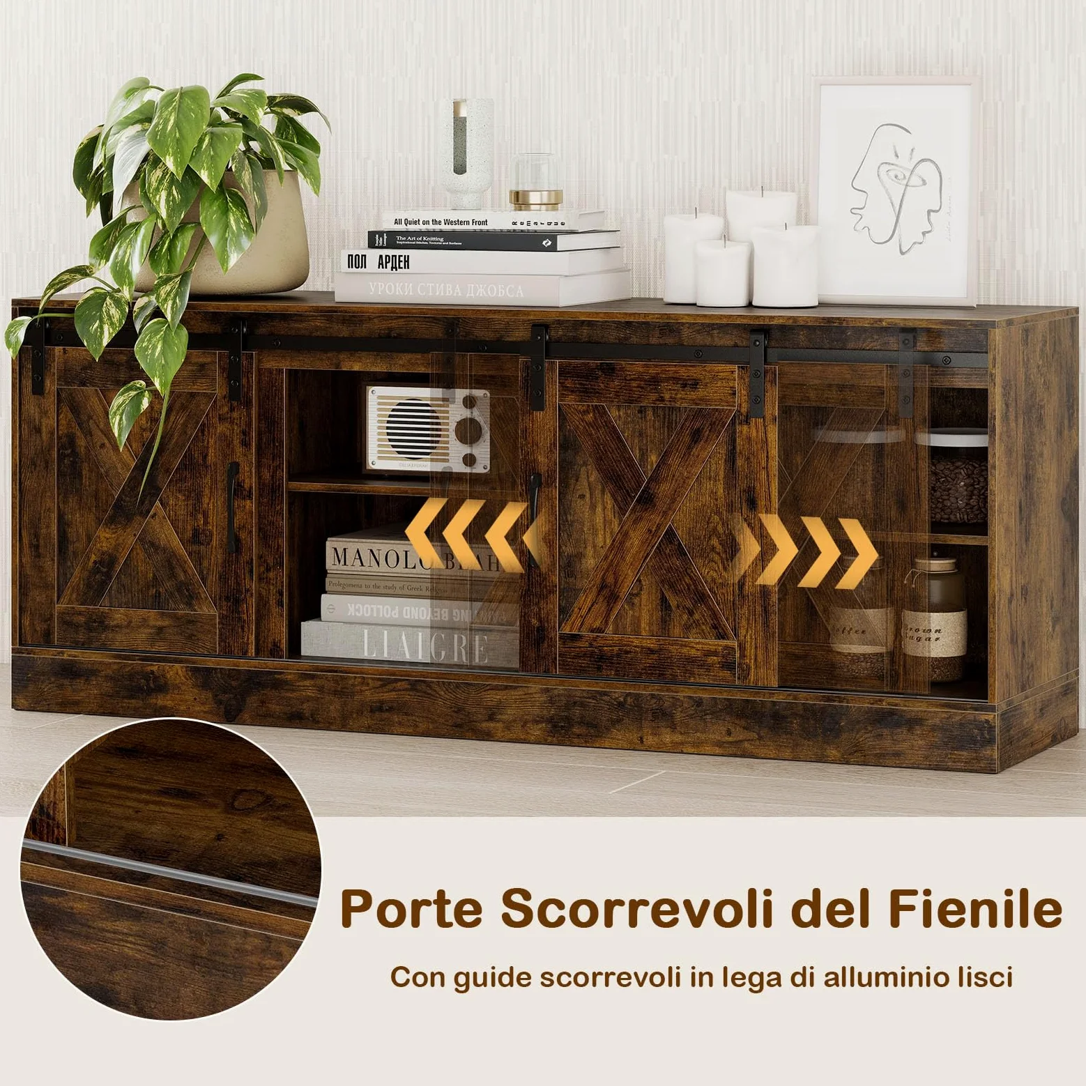 COSTWAY Mobile TV Soggiorno fino a 70'', Tavolino Porta TV con Porte Scorrevoli, Ripiani Regolabili, Consolle Media 150 cm per Soggiorno, Camera da Letto e Ingresso