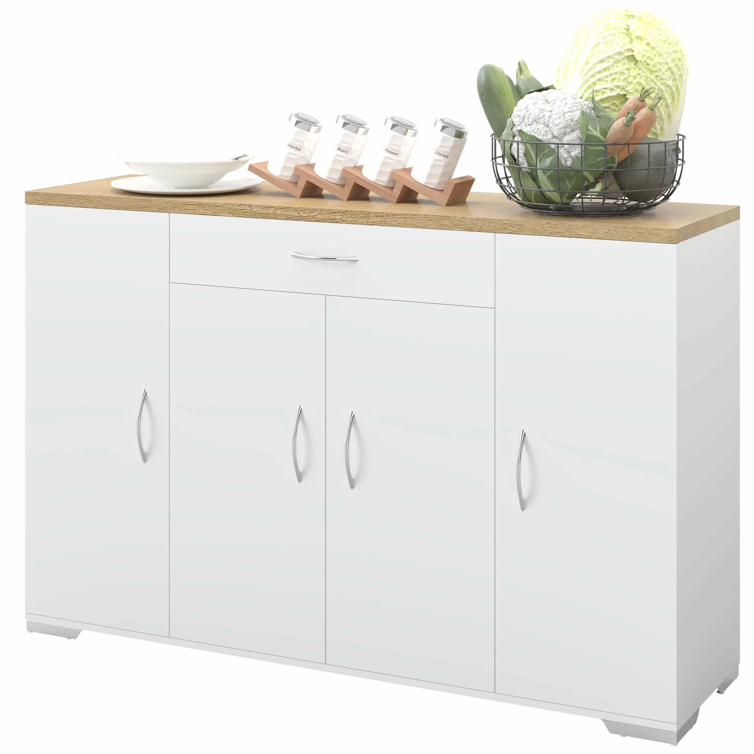 Credenza Cucina Bianca con Piano di Lavoro 110 x 30 x 70 cm Mobile Cucina Salvaspazio con Cassetto e 4 Ante Dispensa Cucina Madia Soggiorno Sala da Pranzo Moderna