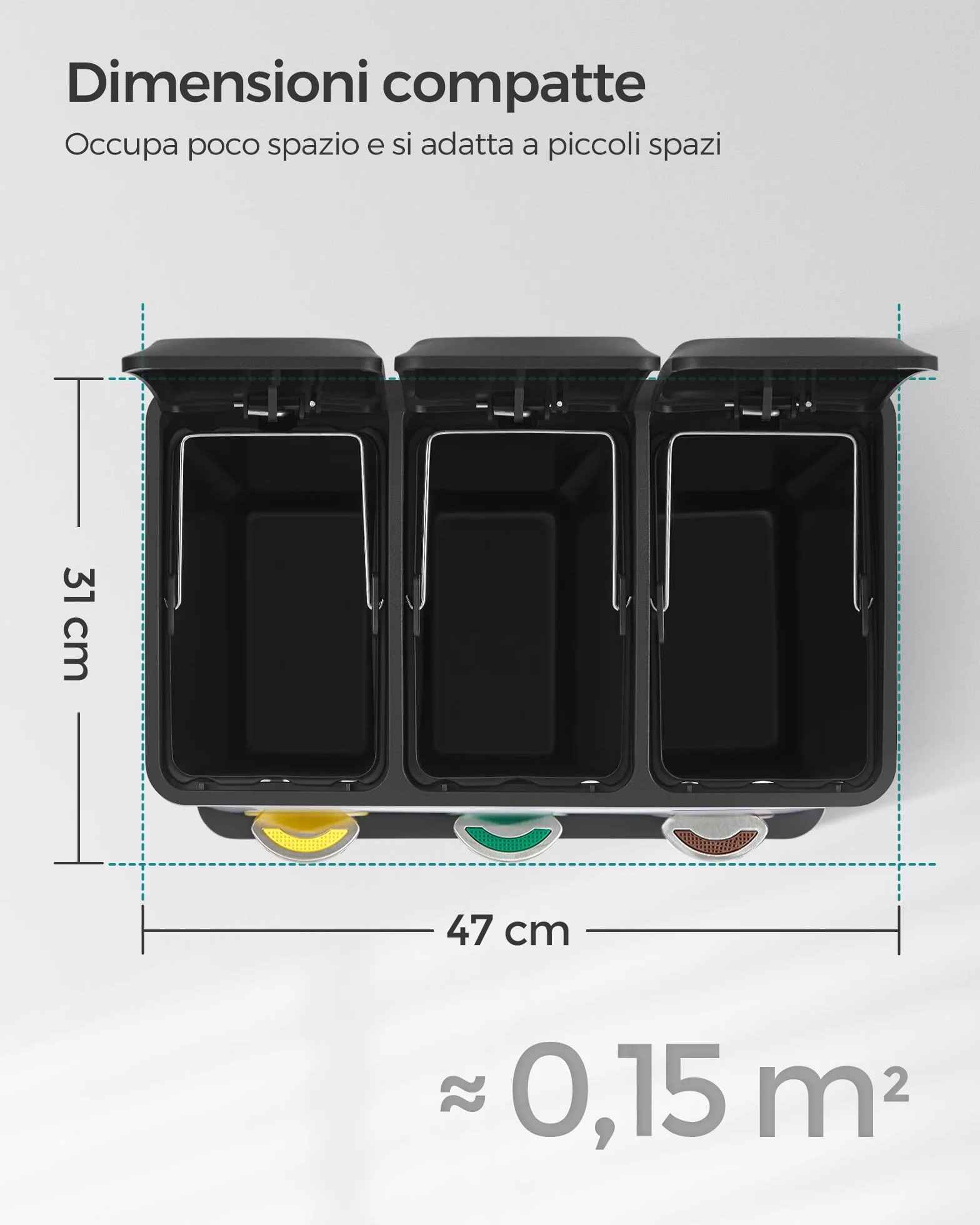 SONGMICS Cestino per Rifiuti da Cucina, 3 x 8 L Pattumiera Differenziata Piccolo Volume, Cestino Triplo in Acciaio, Pedali e Secchi Interni, Facile da Pulire, Argento e Nero LTB24L
