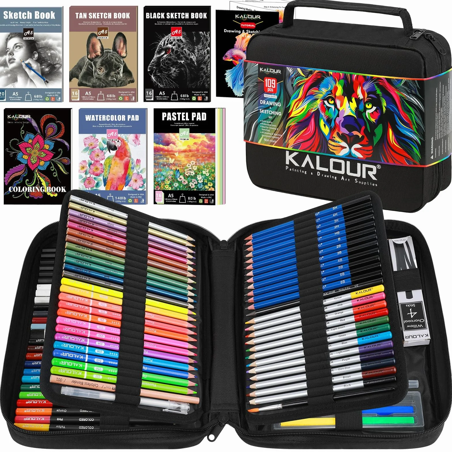 KALOUR PDAS 109 Set da Disegno Kit da Schizzo, Forniture Artistiche Professionali con Matite Fluorescenti, Colorate, Acquarello, Metalliche, Grafite, e Carbone, 6 Quaderni da Schizzo
