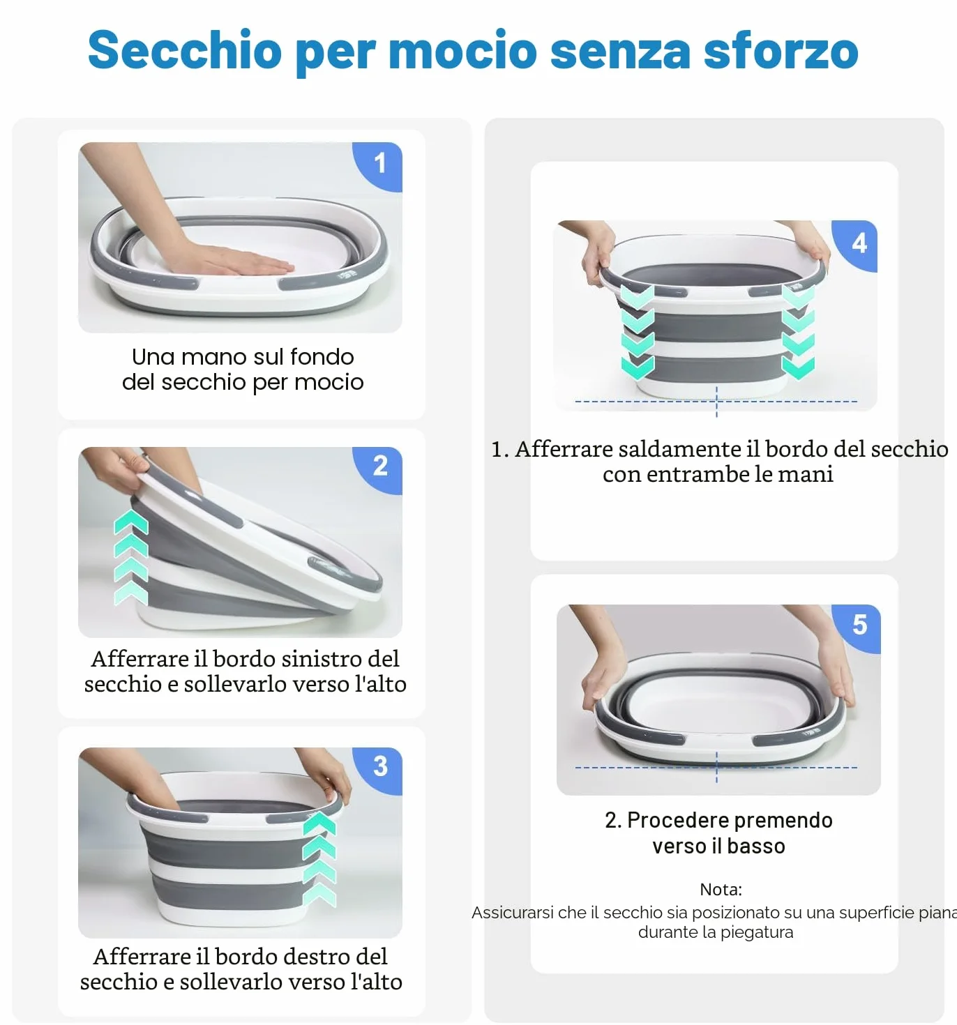 Secchio Pieghevole 16L con Manici, Secchio per Pulizie Silicone Richiudibile Salvaspazio per Lavaggio Camping, Bacinella Portatile per Casa & Auto, 4,2 Galloni Secchio Plastica Compatto Multifunzione