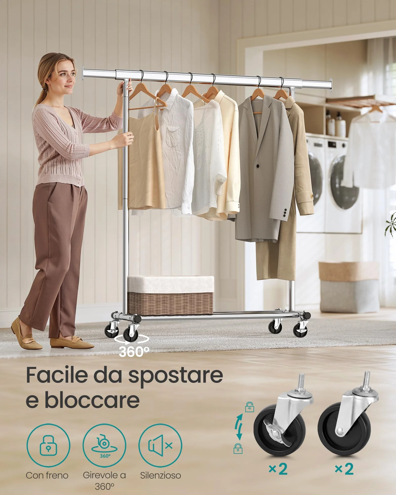 SONGMICS Stand Appendiabiti con Ruote, Estensibile, Portata 100 kg, 45 x 92-132 x 161,5 cm, Argento HSR13S