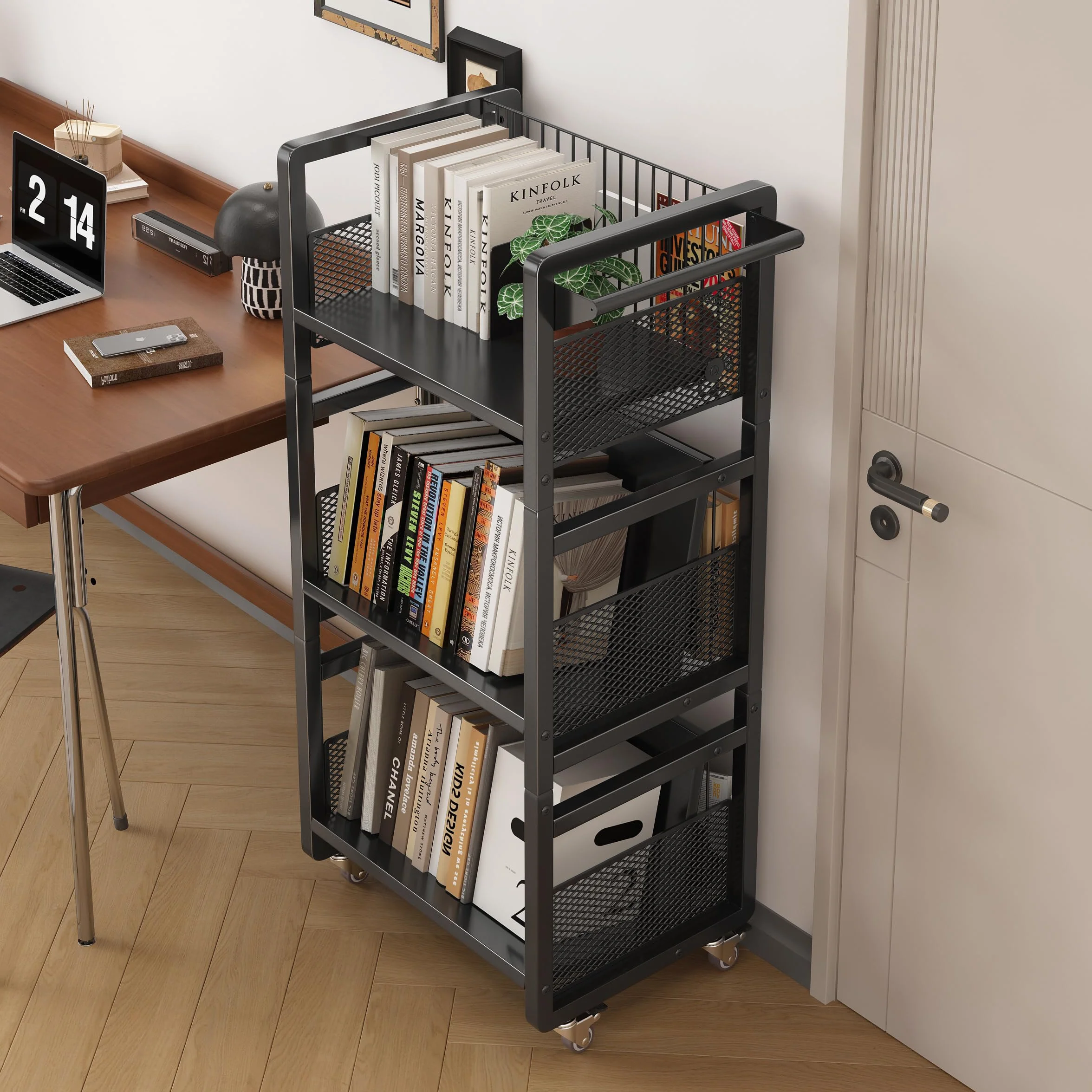 Carrello per Libri con Ruote,Carrello Da Biblioteca con Portata 70kg con Maniglia,Ripiani Piatti a Forma Di L su Un Lato,per Casa,Scuola,con 3 Supporti Magnetici per Libri - Nero