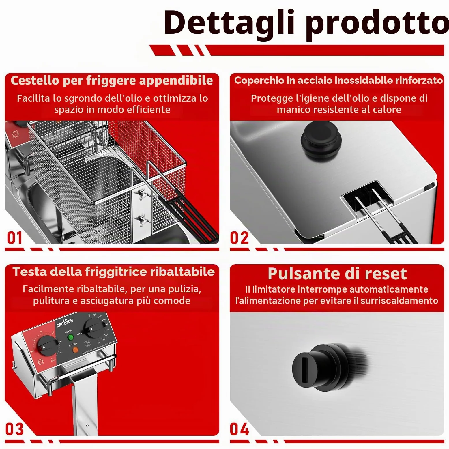 CROSSON Friggitrice Elettrica Professionale 4L 2000W Friggitrice a Olio Elettrica con Cestello e Coperchio,Riscaldamento Rapido,per Cucina Hotel Ristorante，serbatoio singolo da 4L