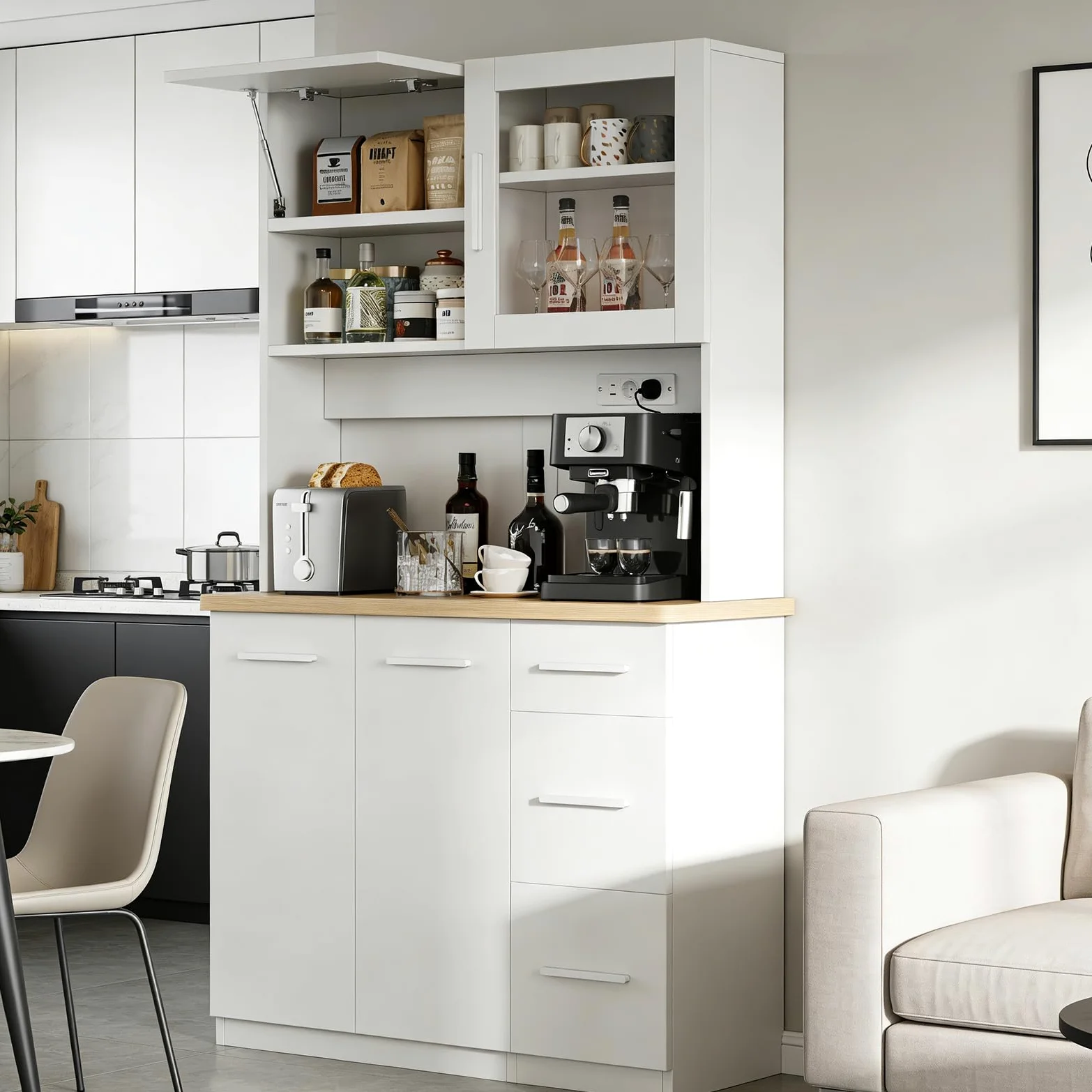 Devoko Mobile da cucina, credenza, armadio alto con prese di corrente e strisce LED 3000 K, con piano di lavoro da 24 mm, ripiani regolabili, 3 cassetti, 100 x 40 x 182 cm (Bianco)
