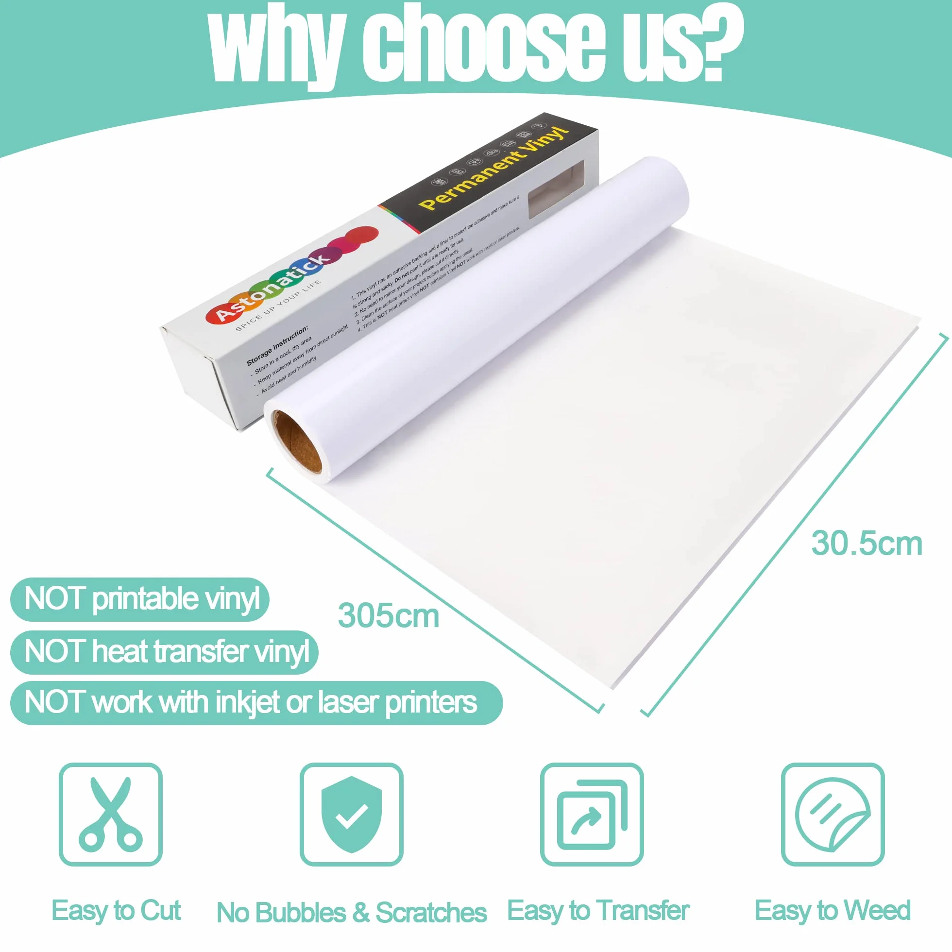 Vinile Adesivo Permanente con Supporto - 30,5x305cm Rotolo di Vinile Permanente, Vinile Permanente Impermeabile per Cricut, Silhouette Cameo, Altri Plotter da Taglio (Bianco Lucido)