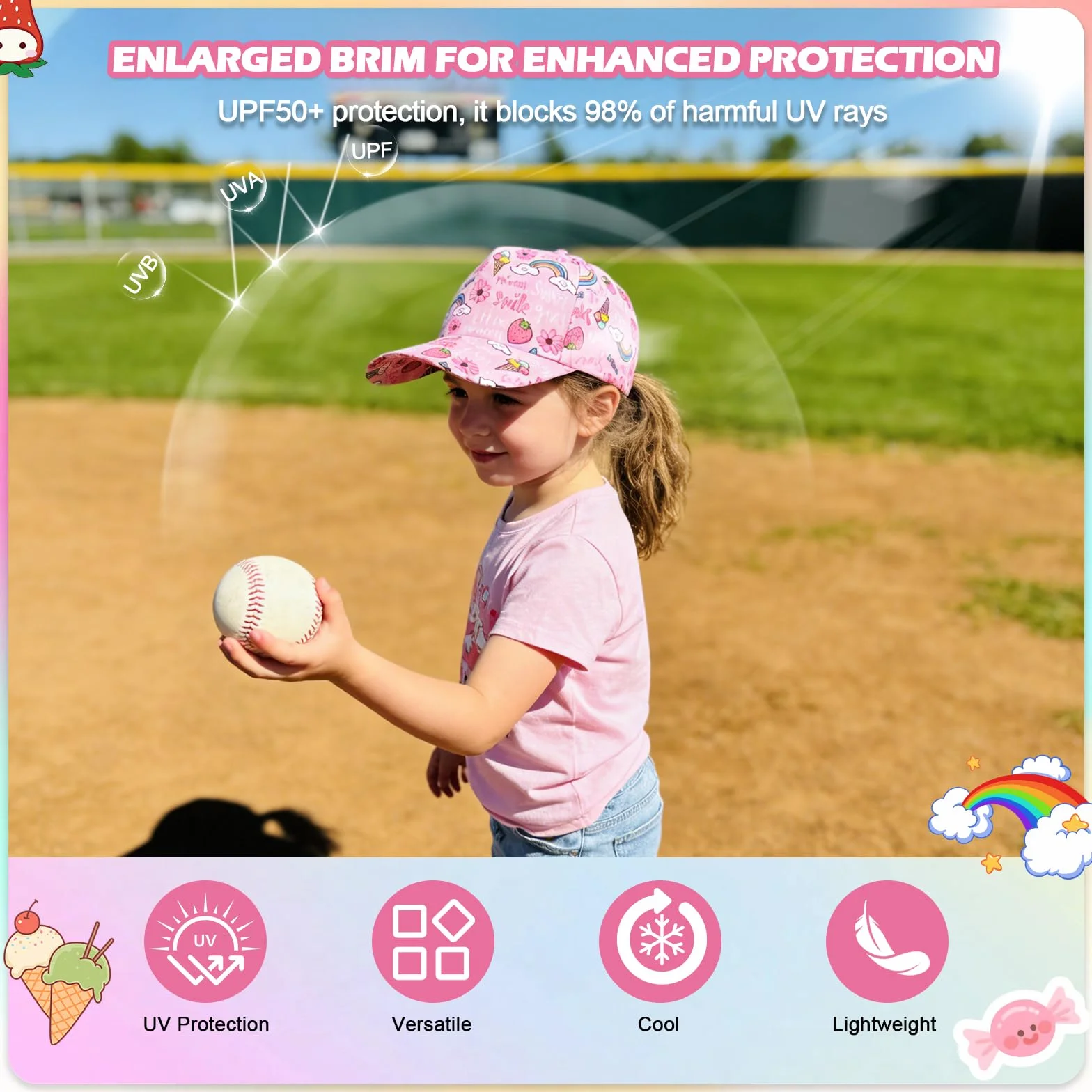 Cappellino da Baseball per Bambine QKURT, Cappello Estivo Regolabile per Bambini 2-8 Anni