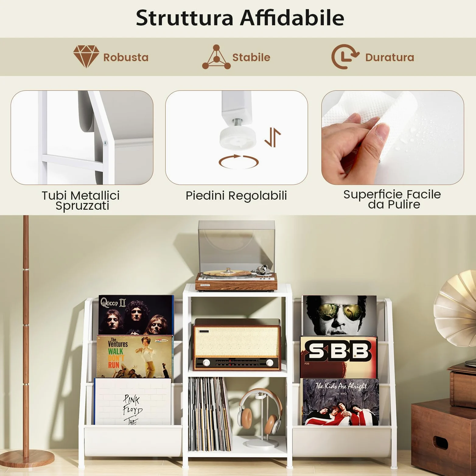 COSTWAY Supporto per Giradischi per Vinili, Porta Giradischi Vinili Fino a 200 Album con 3 Ripiani, 6 Tasche di Archiviazione e Struttura in Metallo, per Casa Studio e Caffè, 125x30x69 cm (Bianco)