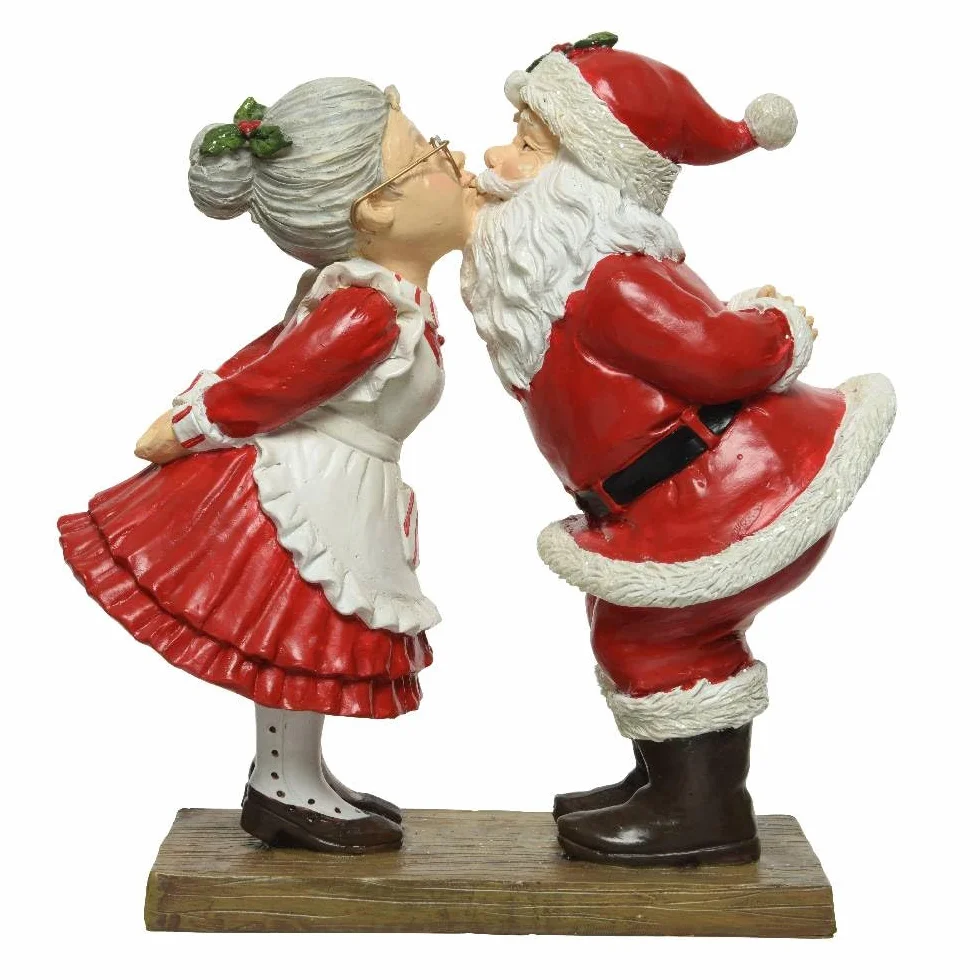VARZI Figura Decorativa Natalizia Babbo Natale e Mamma Natale che si Baciano, Scultura in Poliresina, Romantica e Festosa per la Casa 18cm 1956