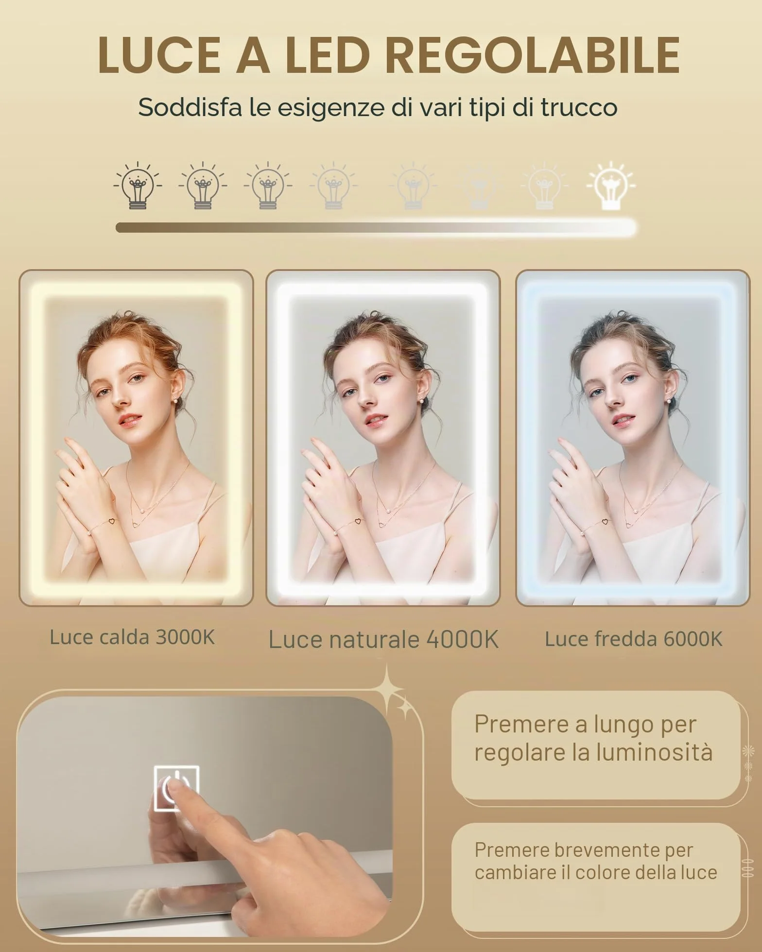 Hzuaneri Toeletta da Trucco con Luci LED Regolabili, Grande Specchio Rimovibile, con Portagioie, Ripiani Aperti, 5 Cassetti, con Tavolino, per Camera da Letto, Bianco DT33103X