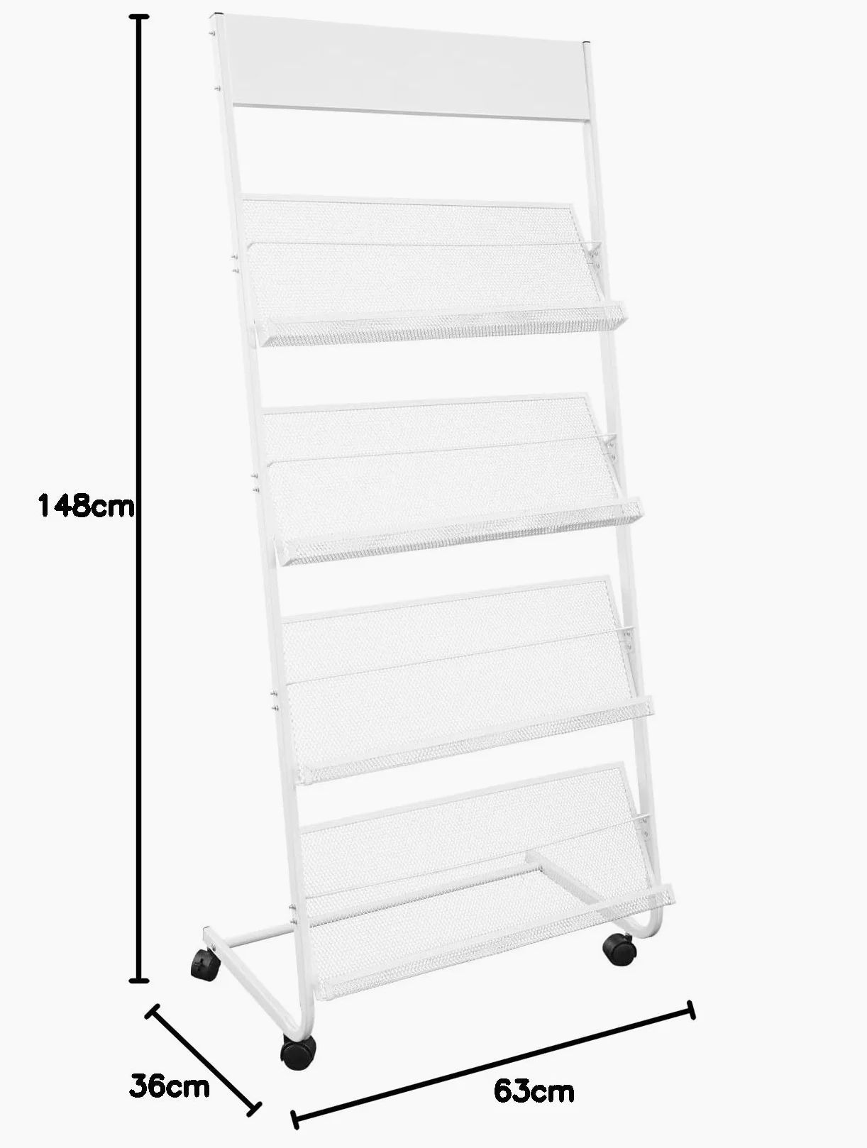 Portariviste a 4 piani, bianco con ruote, per atelier, biblioteche, uffici, 63 x 36 x 148 cm