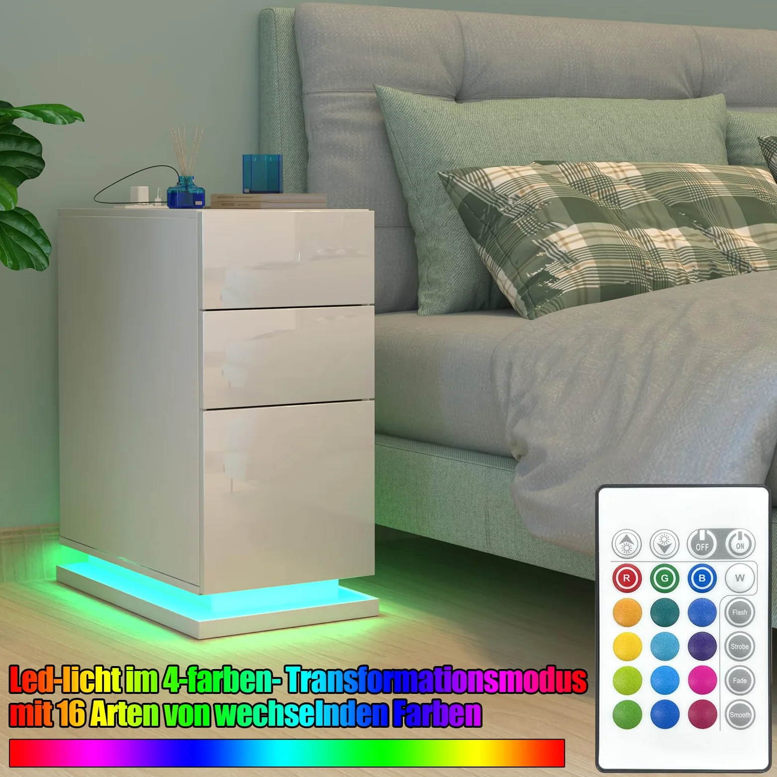 Comodino Moderno con Luci LED, Comodino Stretto con Stazione di Ricarica, Tavolino con 3 Cassetti, Libreria sul Retro, Cassetto Stretto Tavolino Divano