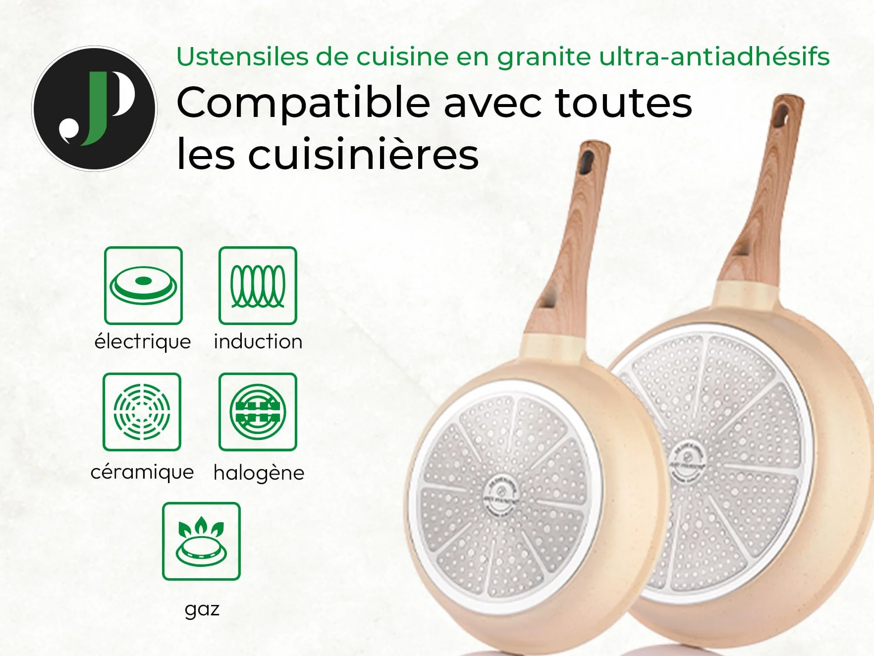 JUST PERFECTO Batteria Pentole e Padelle a Induzione, Set Padelle Antiaderenti Per tutti i piani cottura Batteria di pentole antiaderente 28cm con Coperchi, pentole senza pfoa e ptfe (21 Pcs Biege)