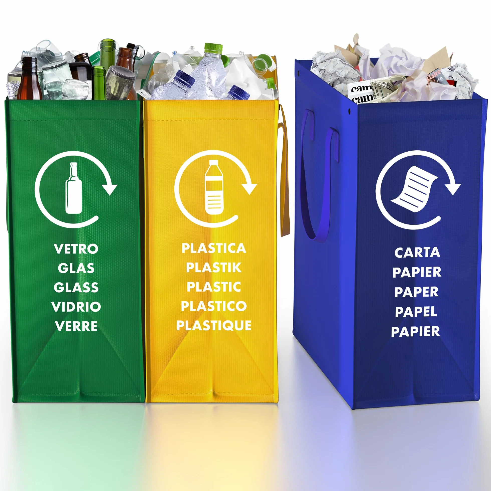 Borse Raccolta Differenziata - 3 Bidoni Differenziata da Interno ed Esterno per Carta, Plastica e Vetro - Set Pattumiera Differenziata 3 Scomparti - Pattumiera Sottolavello