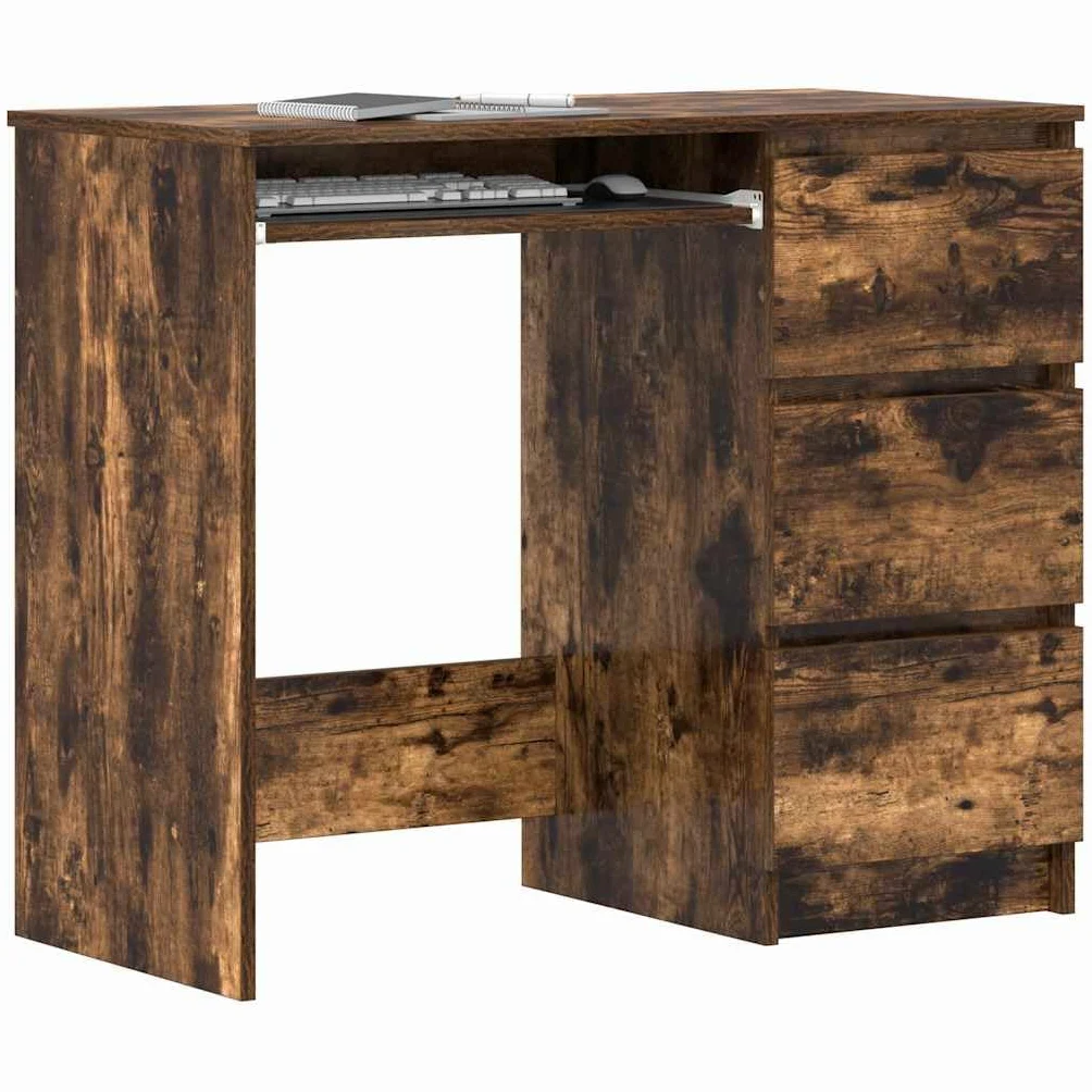 Scrivania in legno di quercia affumicata, 90 x 45 x 76 cm, con 3 cassetti, scrivania da ufficio per computer, scrivania per ufficio, postazione di lavoro, spazio per raccoglitori e documenti