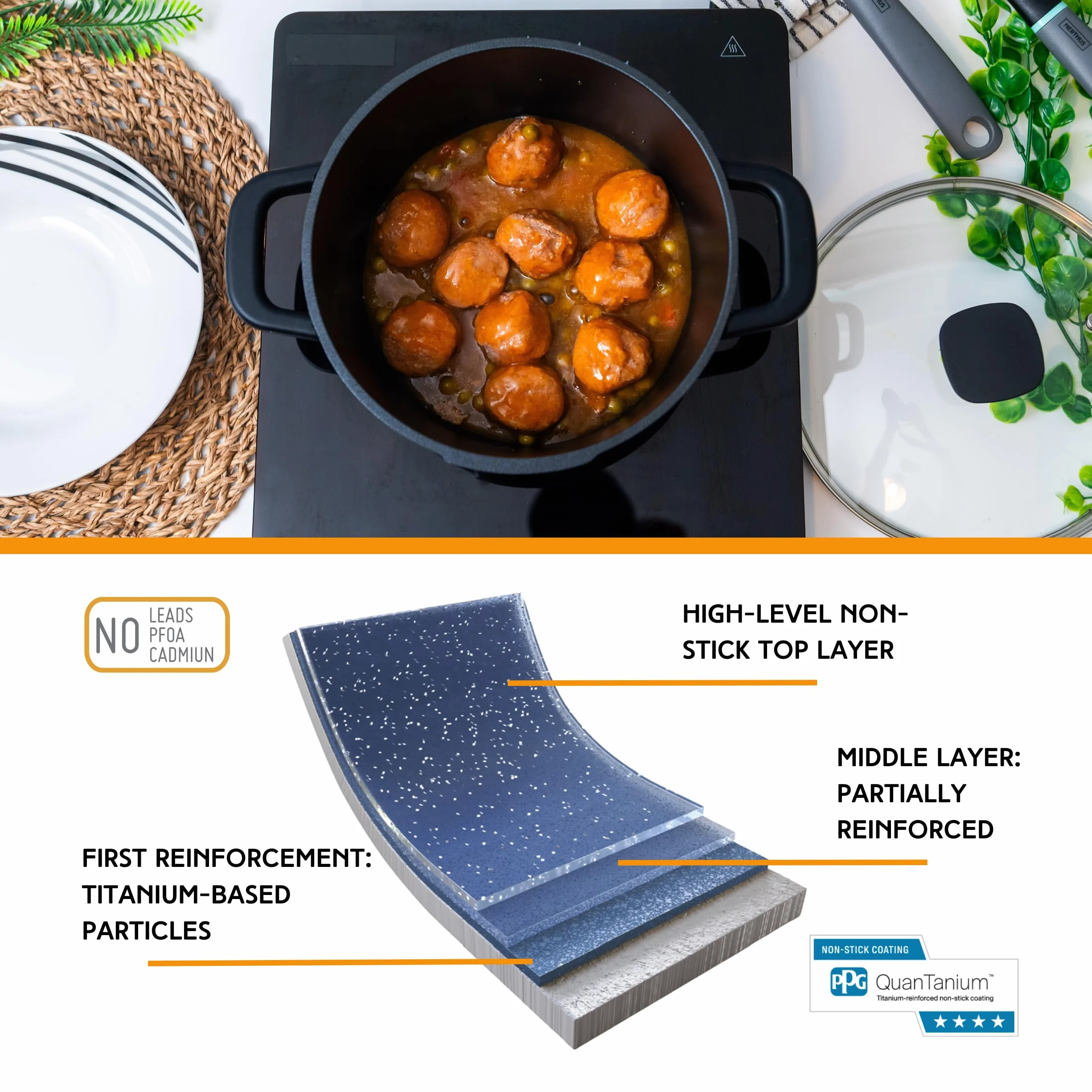 Nerthus FIH 1555 casseruola alta in alluminio pressofuso con rivestimento antiaderente quantanium adatta a induzione gas e vetroceramica coperchio in vetro con valvola e manici in silicone removibili