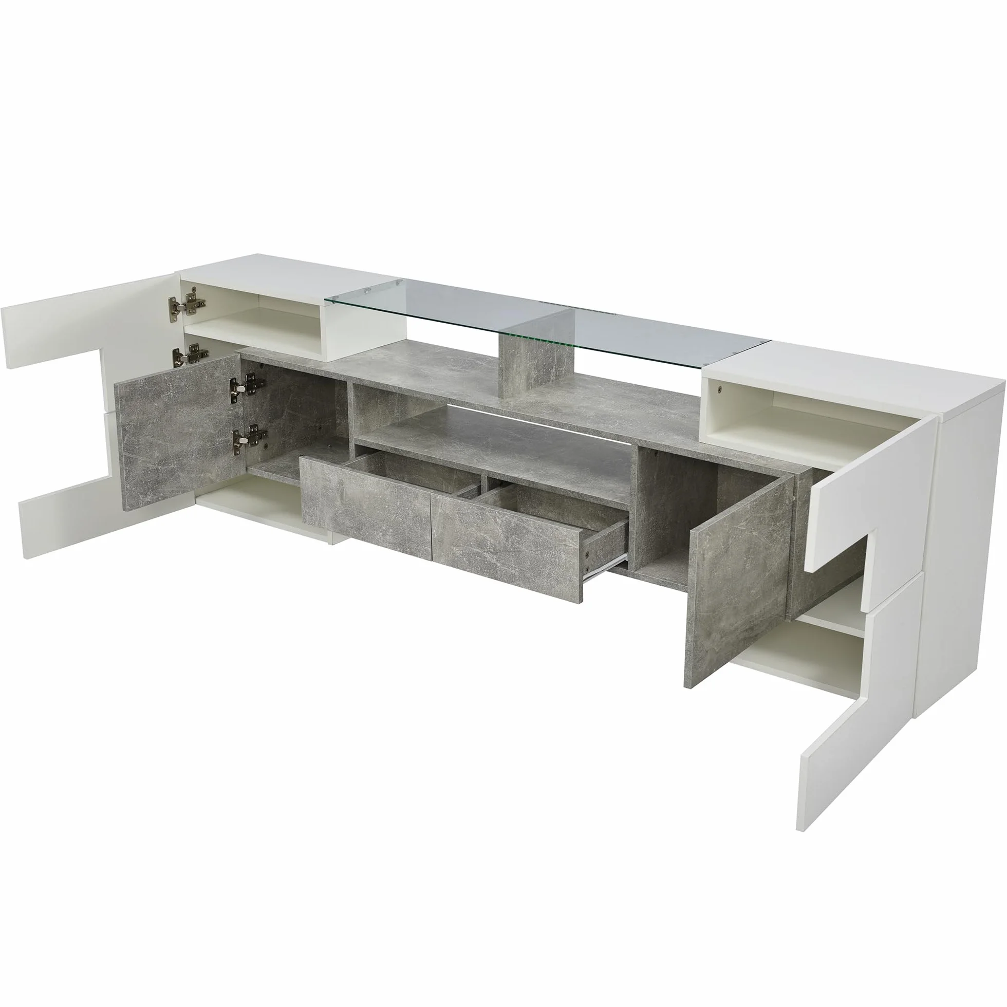 Mobile elegante per TV, Lowboard. 200 cm, illuminazione a LED, mobili per soggiorno. Design moderno. Elegante superficie in vetro. (Bianco lucido e cemento + MDF)