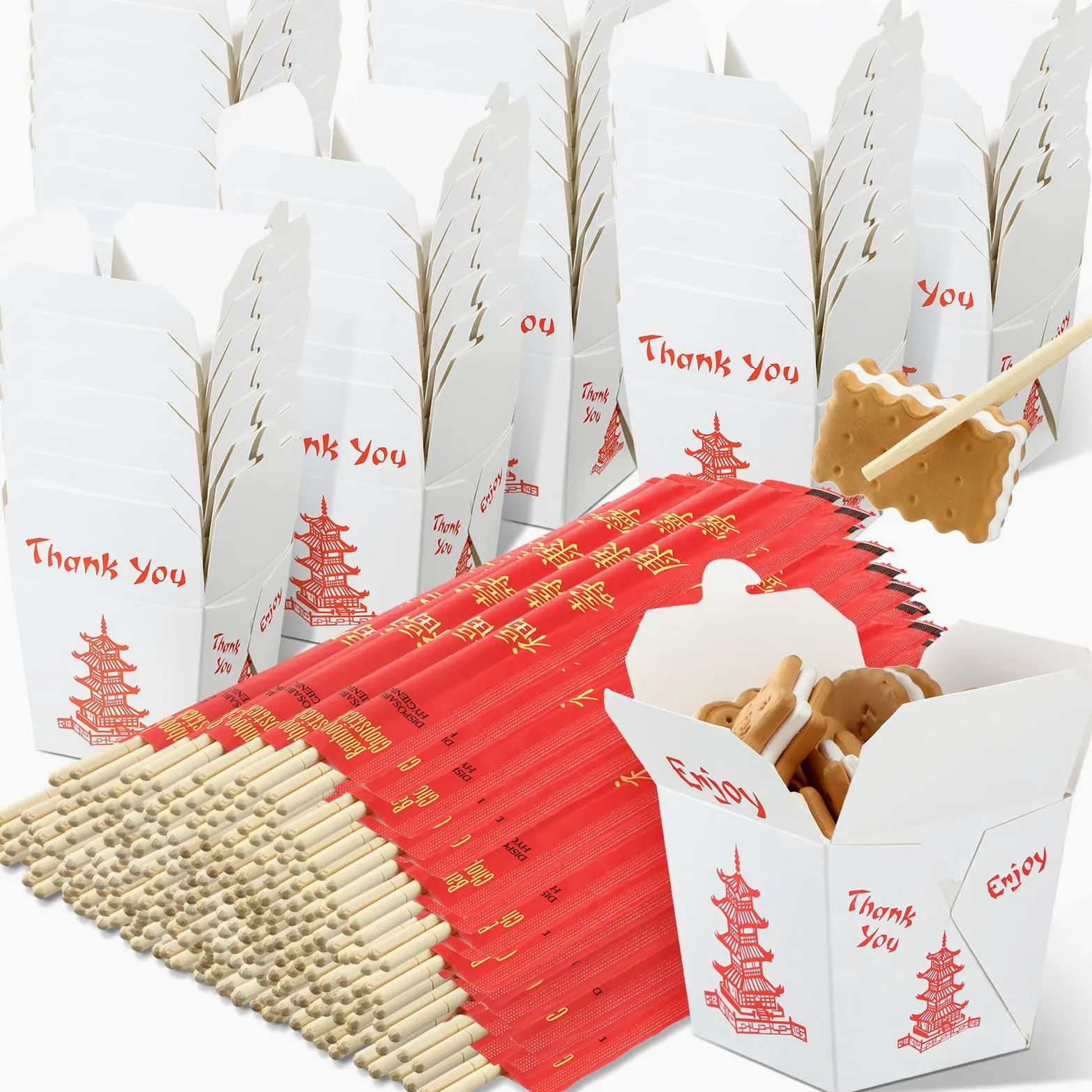 Scatole cinesi da asporto con bacchette, contenitori per alimenti in carta pagoda con maniche e bacchette usa e getta separate, per decorazioni per feste asiatiche, bomboniere, compleanni, matrimoni,