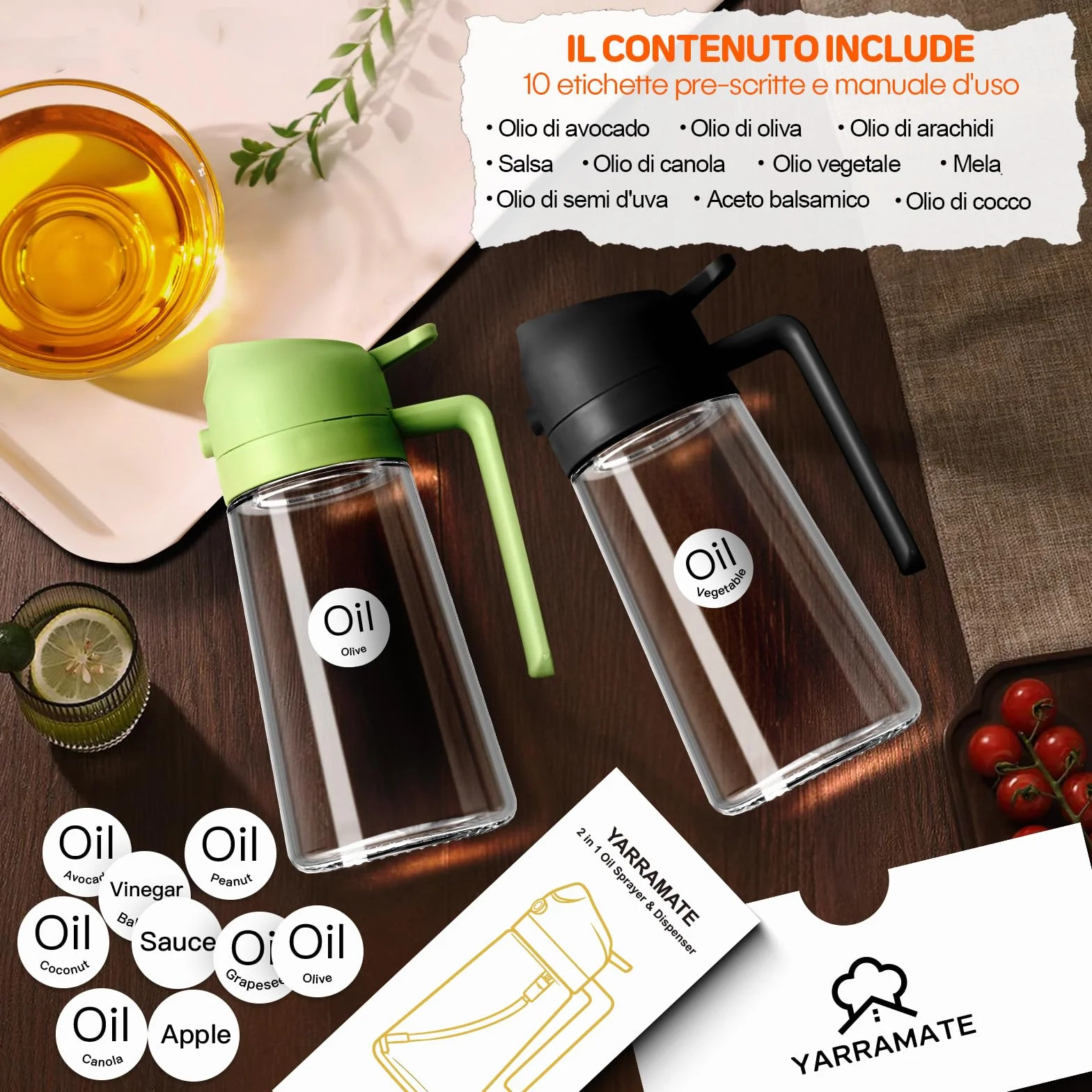 YARRAMATE Spruzzatore di olio da cucina 2 in 1, bottiglia di vetro 470 ml per friggitrice ad aria e barbecue