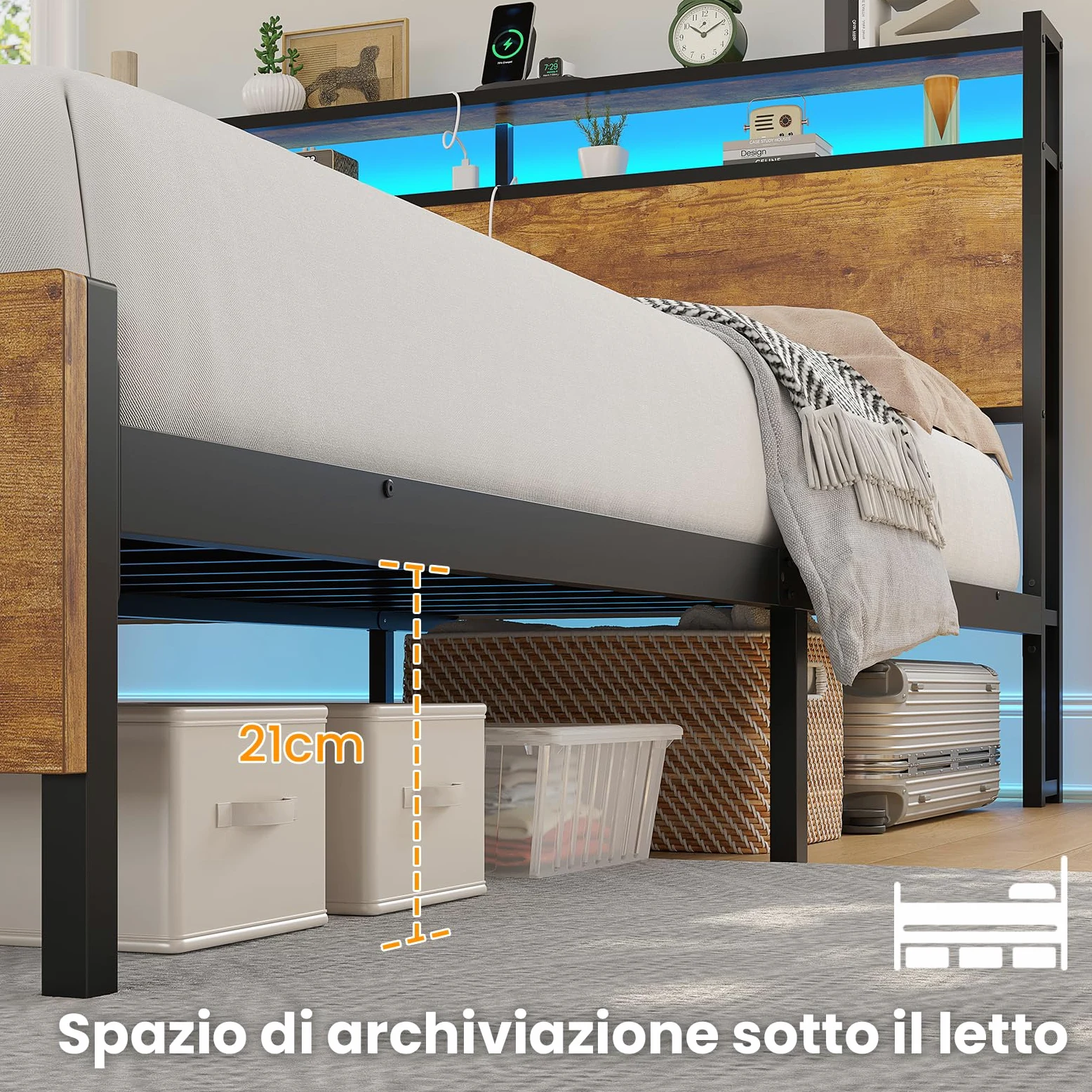 Brinlawb Struttura Letto Singolo 90x200 cm con Luce LED e Stazione di Ricarica (2 Prese CA, 2 Porte USB) Struttura Letto 90x200 cm con struttura in metallo, Facile da montare, Moderno, Marrone
