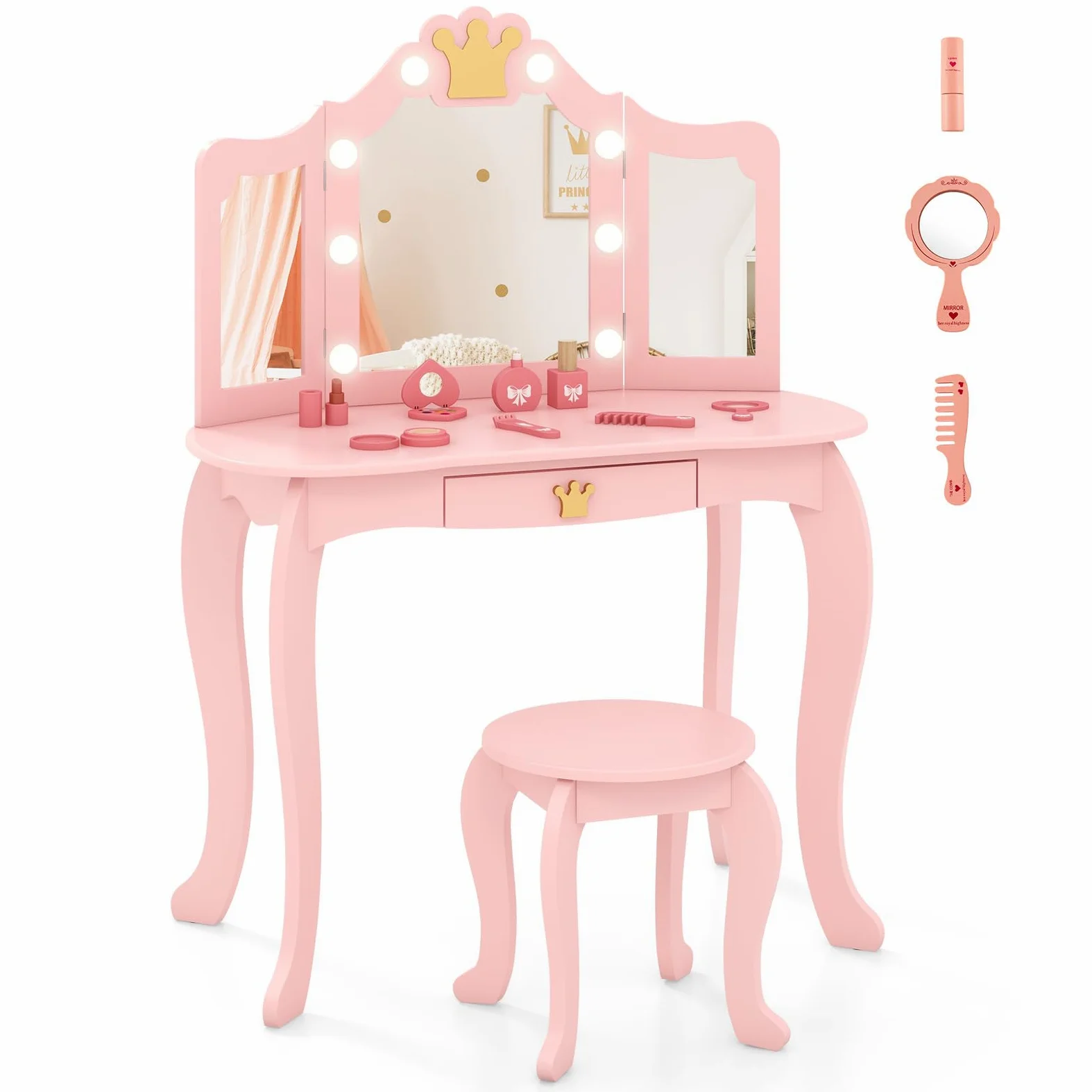 RELAX4LIFE Toeletta Trucco per Bambina con 8 Lampadine LED, 3 Colori di Luci, Specchiera Trucco con Sgabello, Toeletta in Legno, Specchio Rimovibile, per Bambini 3-7 Anni (Rosa)