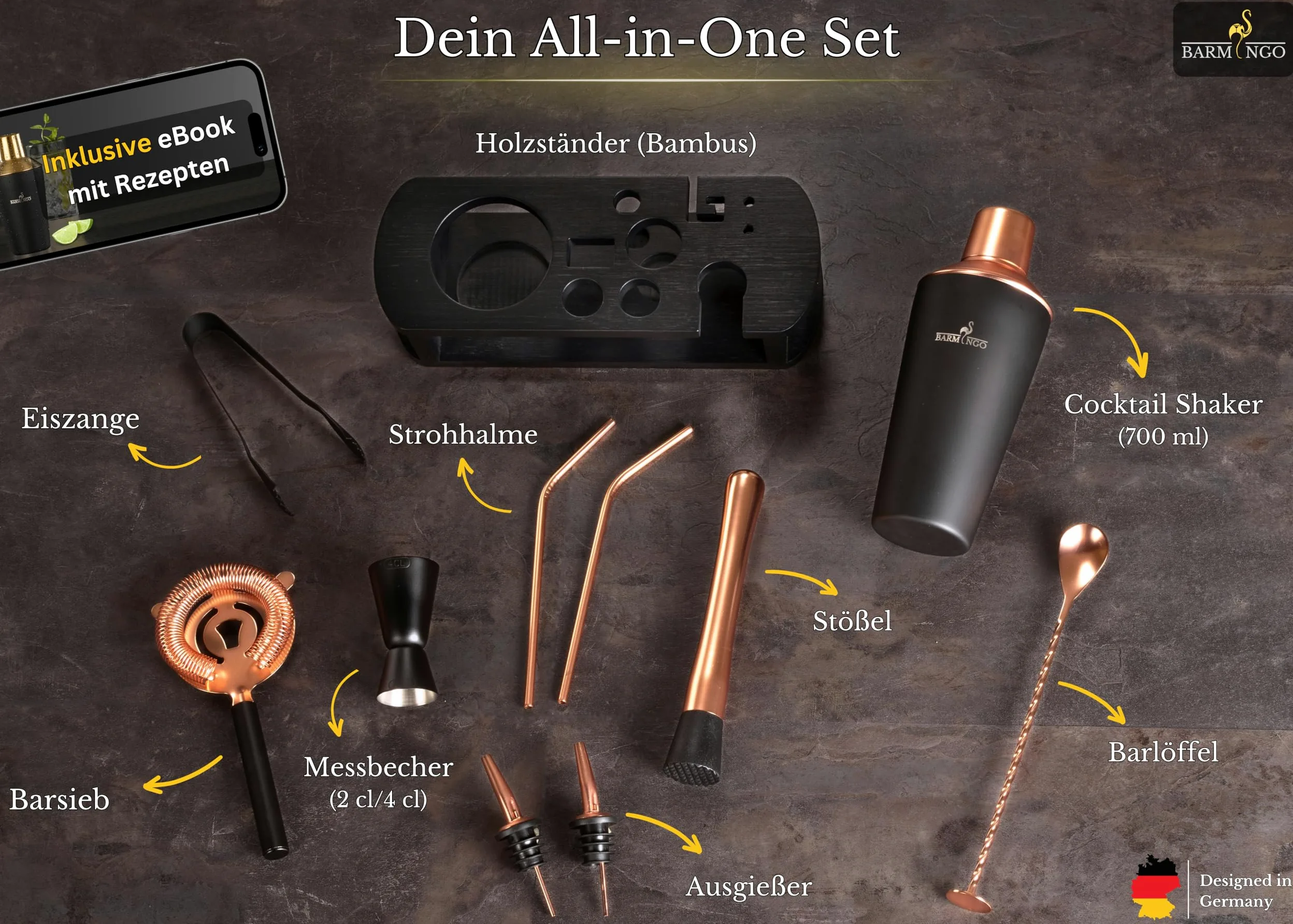 Set da cocktail in acciaio inox, 11 pezzi, 700 ml, con supporto e accessori da bar, set shaker per cocktail, set da barista, set da bar, set regalo, nero e oro rosa