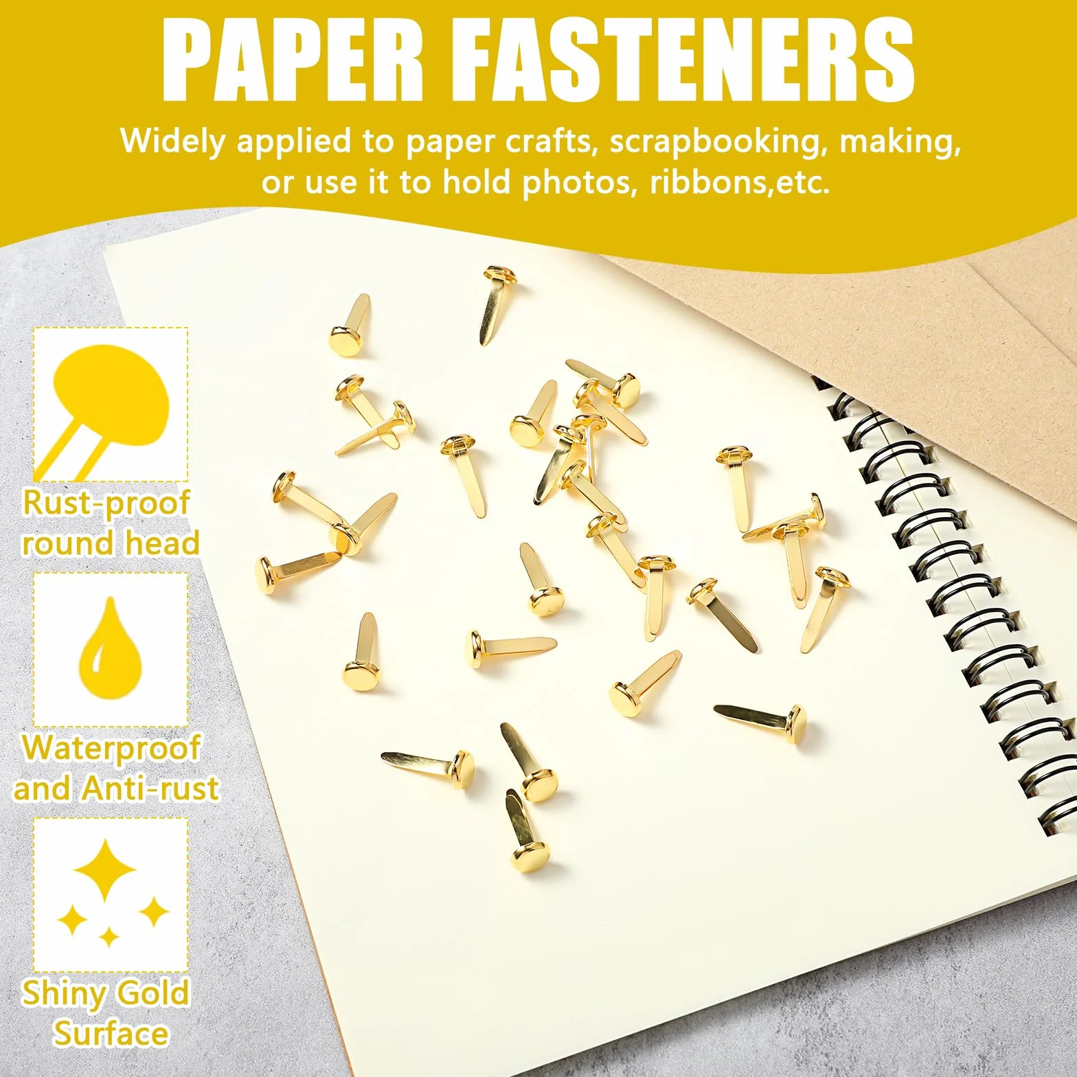Ymapinc - 100 fermagli per carta, rotondi, in metallo, ottone, per lavori di carta, decorazioni, scrapbooking, fai da te, 8 x 18 mm (oro)
