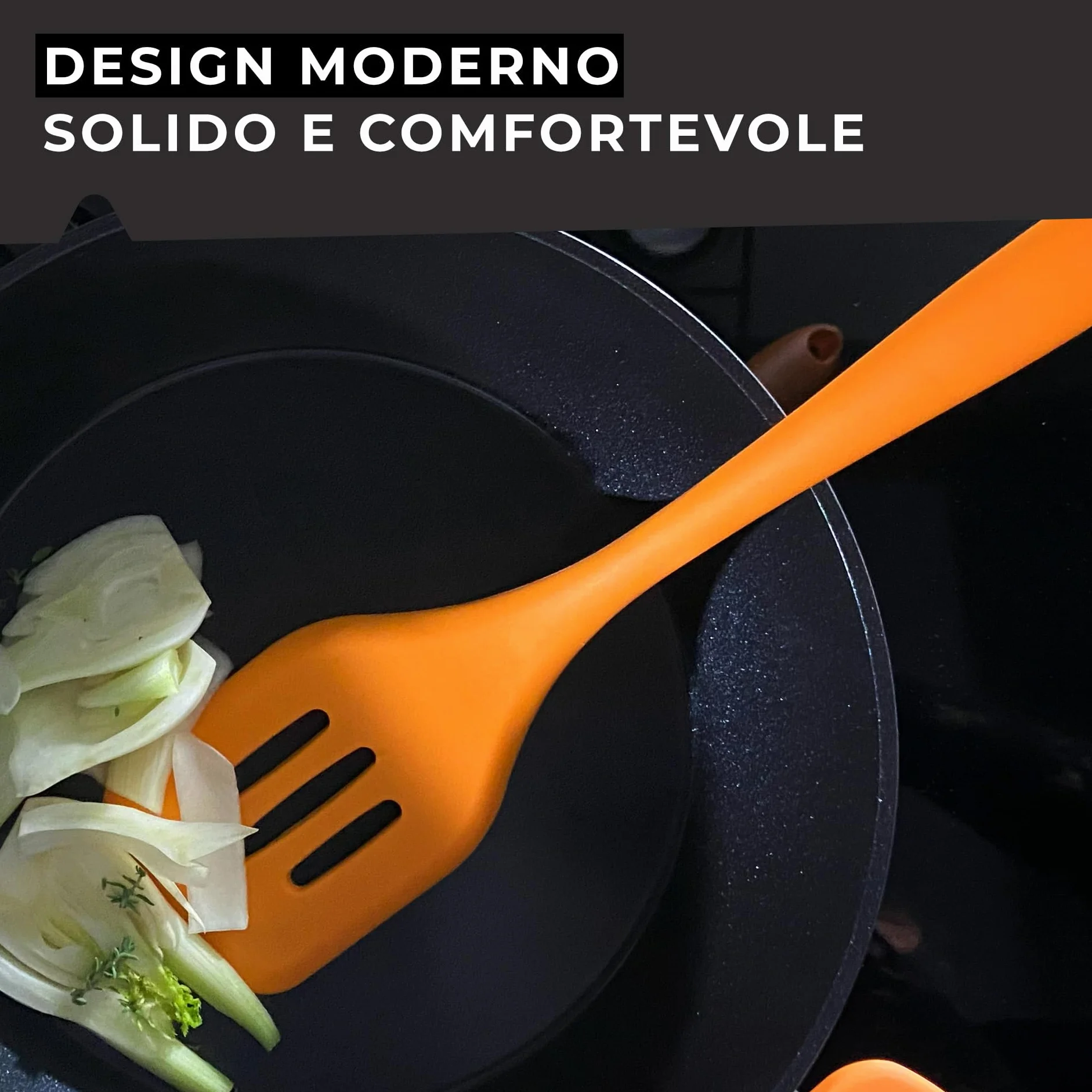 Paletta fritti forata in silicone, 29 x 7 x 1,5 cm, Soft Collection, (colore: nero o arancione), quantità: 1 pezzo.
