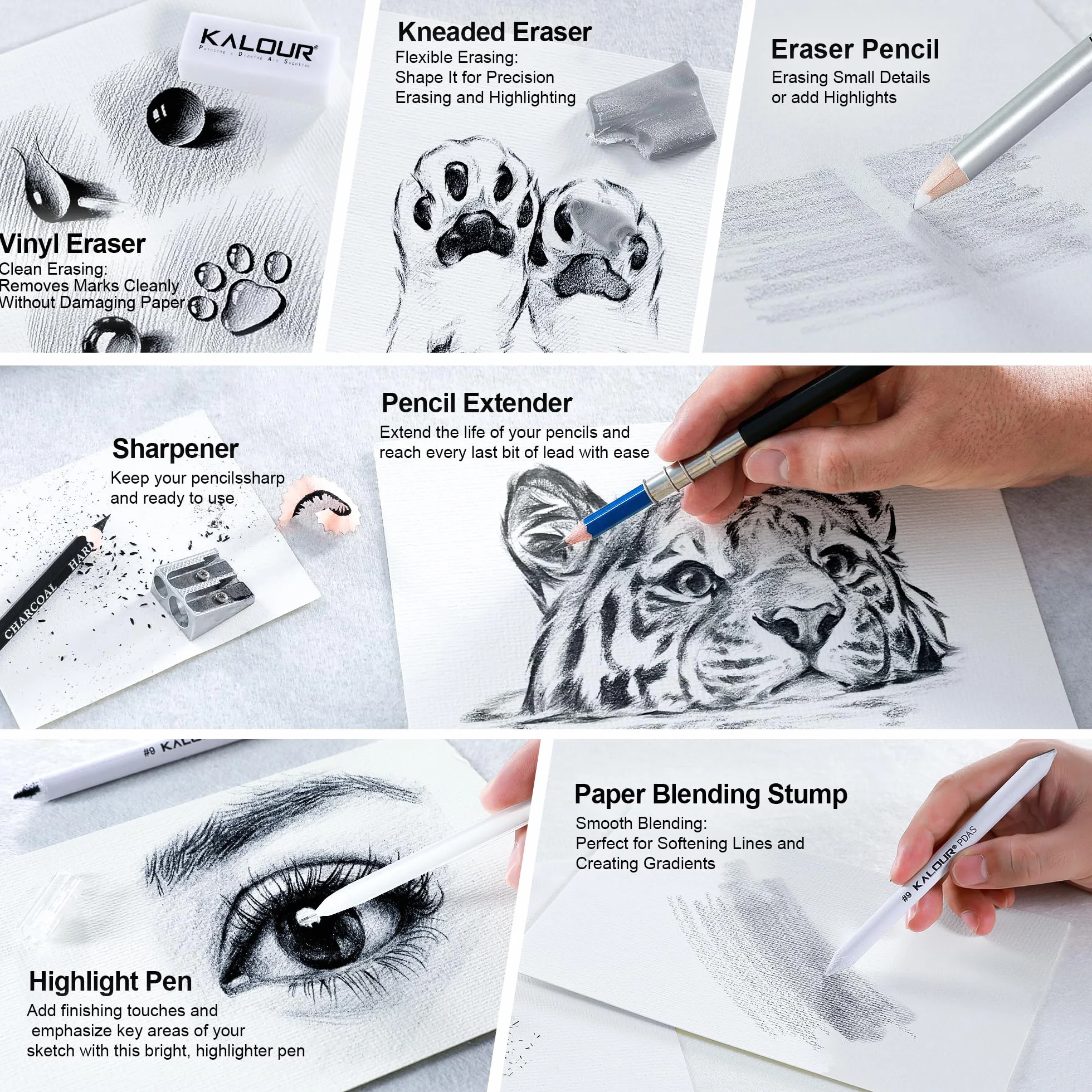 KALOUR Set da disegno professionale da 113 pezzi, set per schizzi con matite grafite e a carboncino, quaderno da schizzo a 3 colori, figura in legno, accessori artistici in astuccio per principianti e