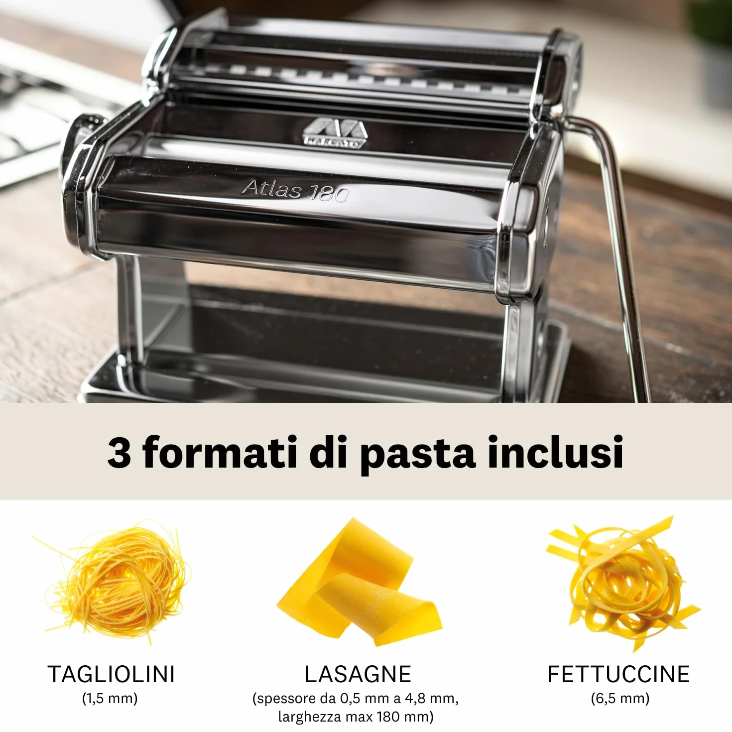 Marcato AT-180-CLS Macchina per Pasta Manuale Atlas 180 Classic, Acciaio Cromato