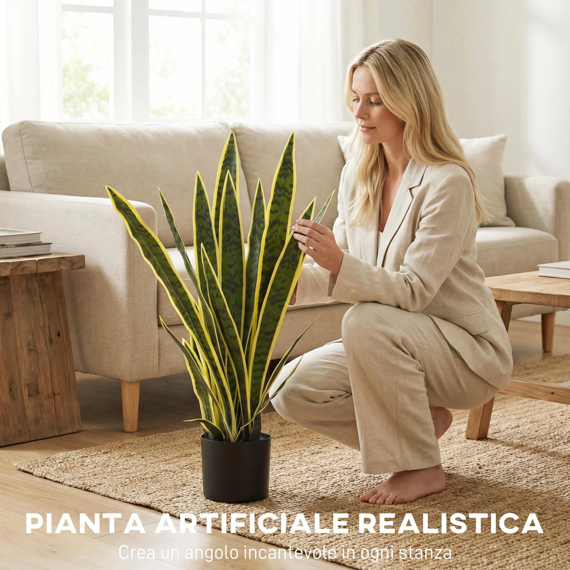 Outsunny Sanseveria Artificiale in Vaso, Pianta Finta da Esterno e Interno con 21 Foglie Modellabili, per Interno ed Esterno, Giardino, Ufficio, Soggiorno, Ø15x77 cm