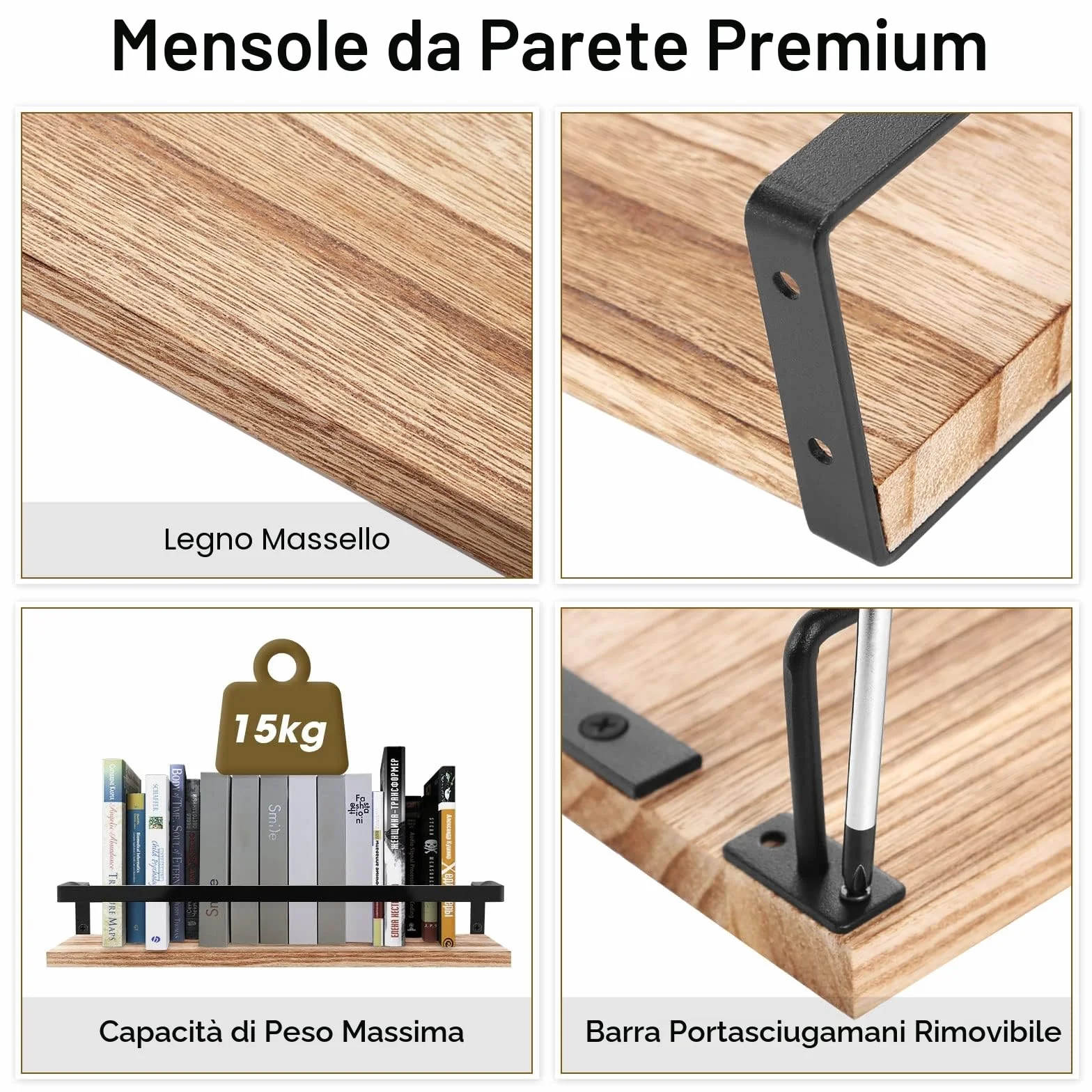 Uten Mensole da Muro Design Moderne Set 2 Pezzi Legno Portasciugamani Ganci 42x15x6,8 cm
