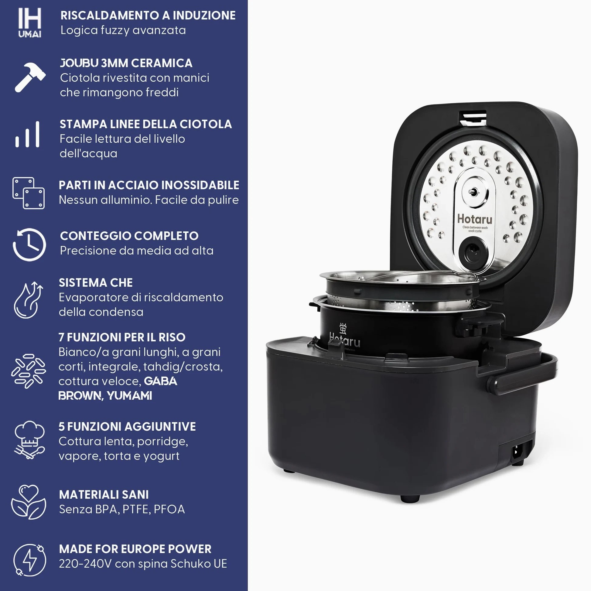 Yum Asia Hotaru Cuociriso a induzione (IH) con ciotola in ceramica (3 tazze, 0,54 litri), 7 funzioni di cottura del riso, 5 funzioni multicooker, 220-240V UE