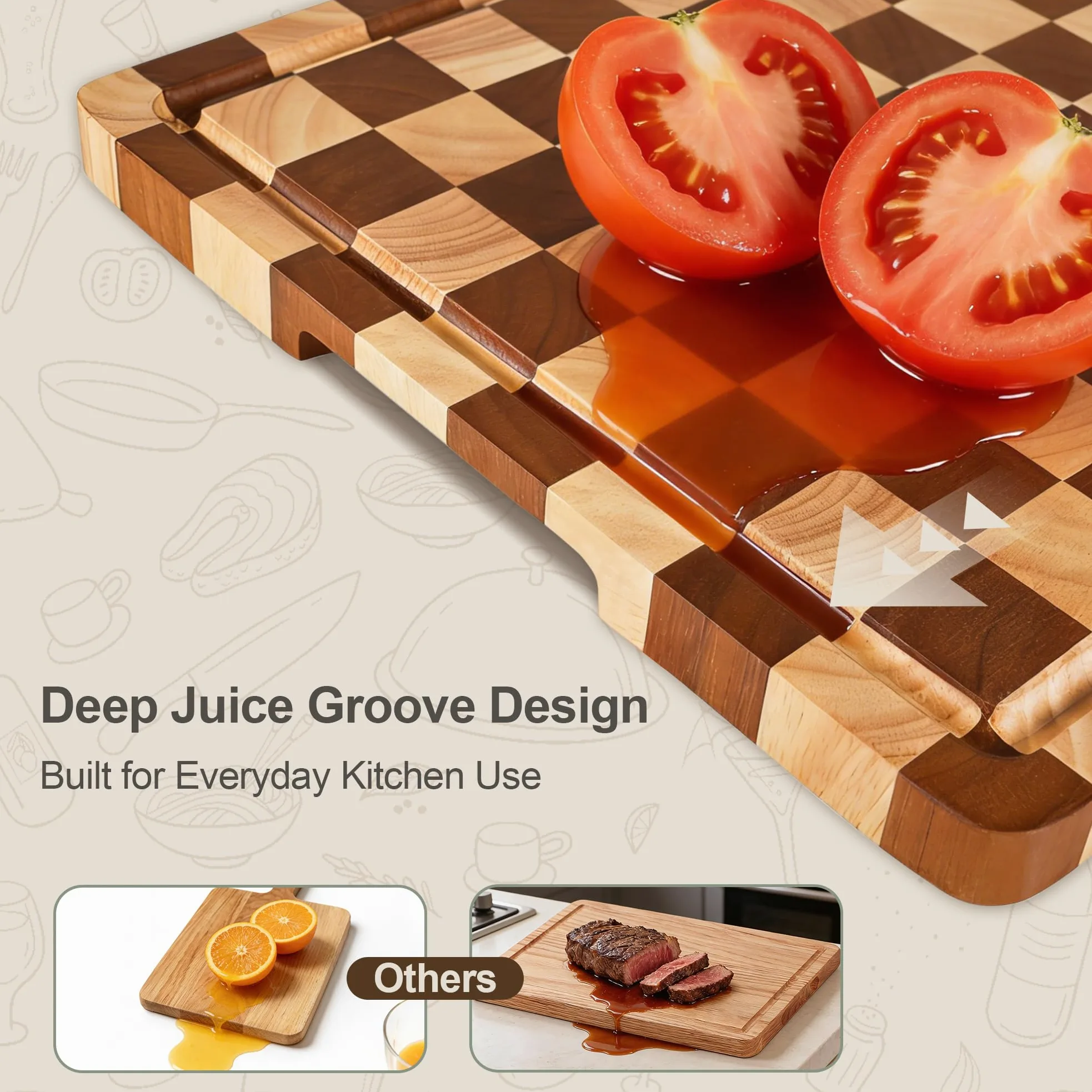 Set di 3 Taglieri a Scacchi in Legno con Supporto, Scanalatura per Succo e Manico per Carne, Verdure, Formaggio e Servire