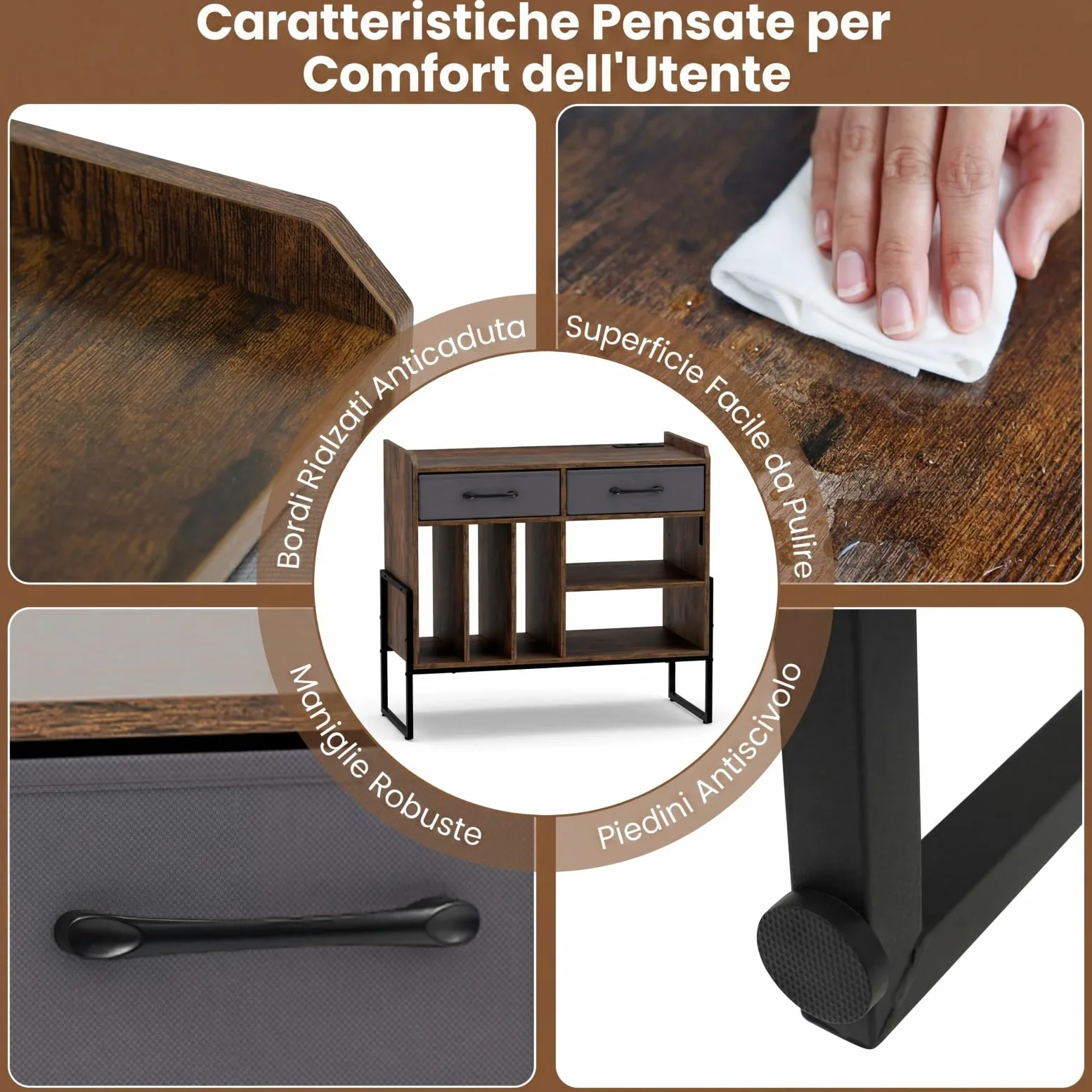 COSTWAY Supporto per Giradischi in Vinile, Mobile per Giradischi con Stazione di Ricarica, 2 Cassetti Rimovibili in Tessuto e Ripiano Regolabile, Supporto Porta Dischi Vinile per Soggiorno, Studio