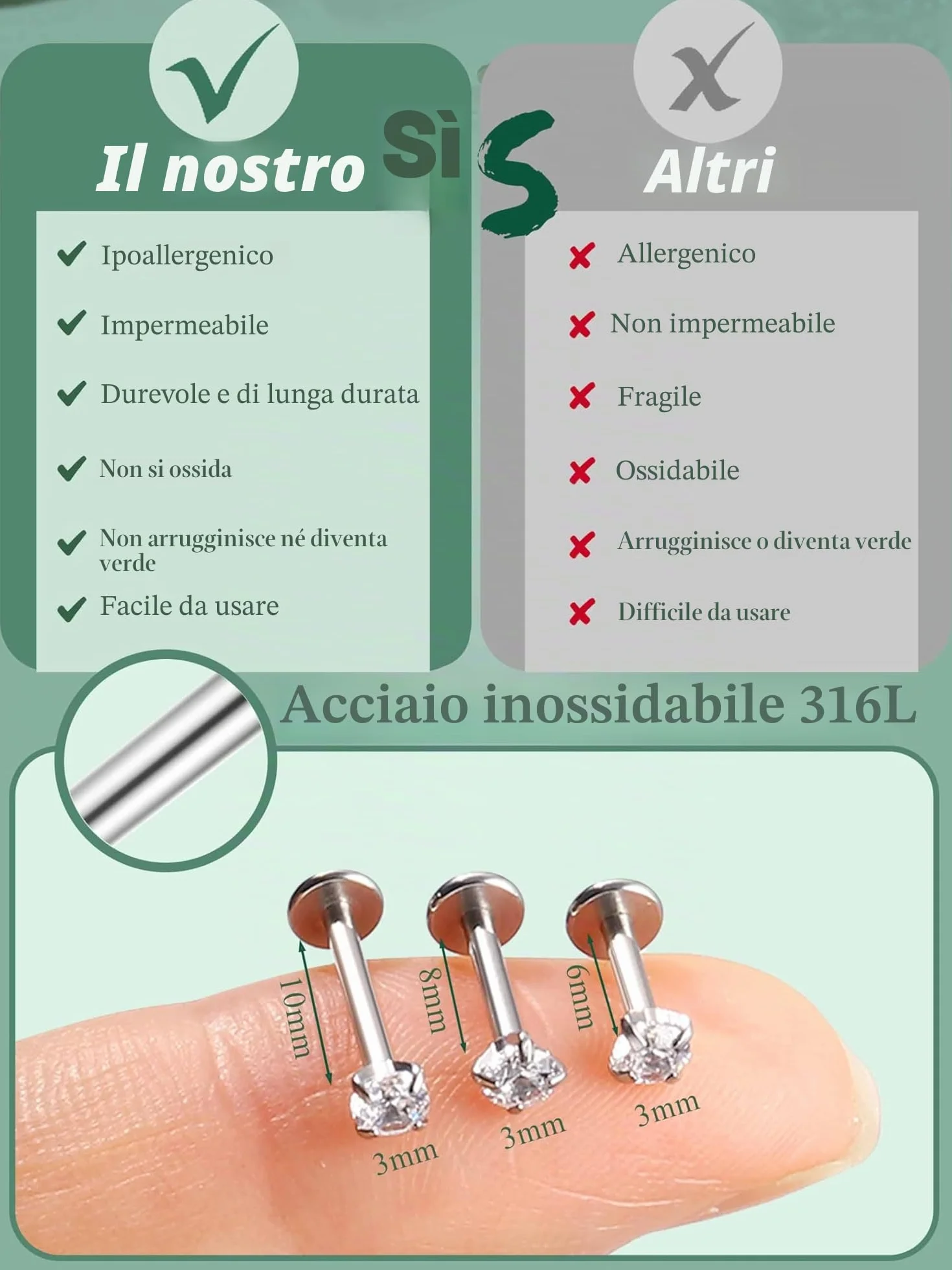 CASSIECA 20Pcs 16G Piercing Labret Acciaio Inossidabile Labbro Trago Helix Conch Naso Cartilagine Orecchini Argento Oro Verticale 6/8/10mm