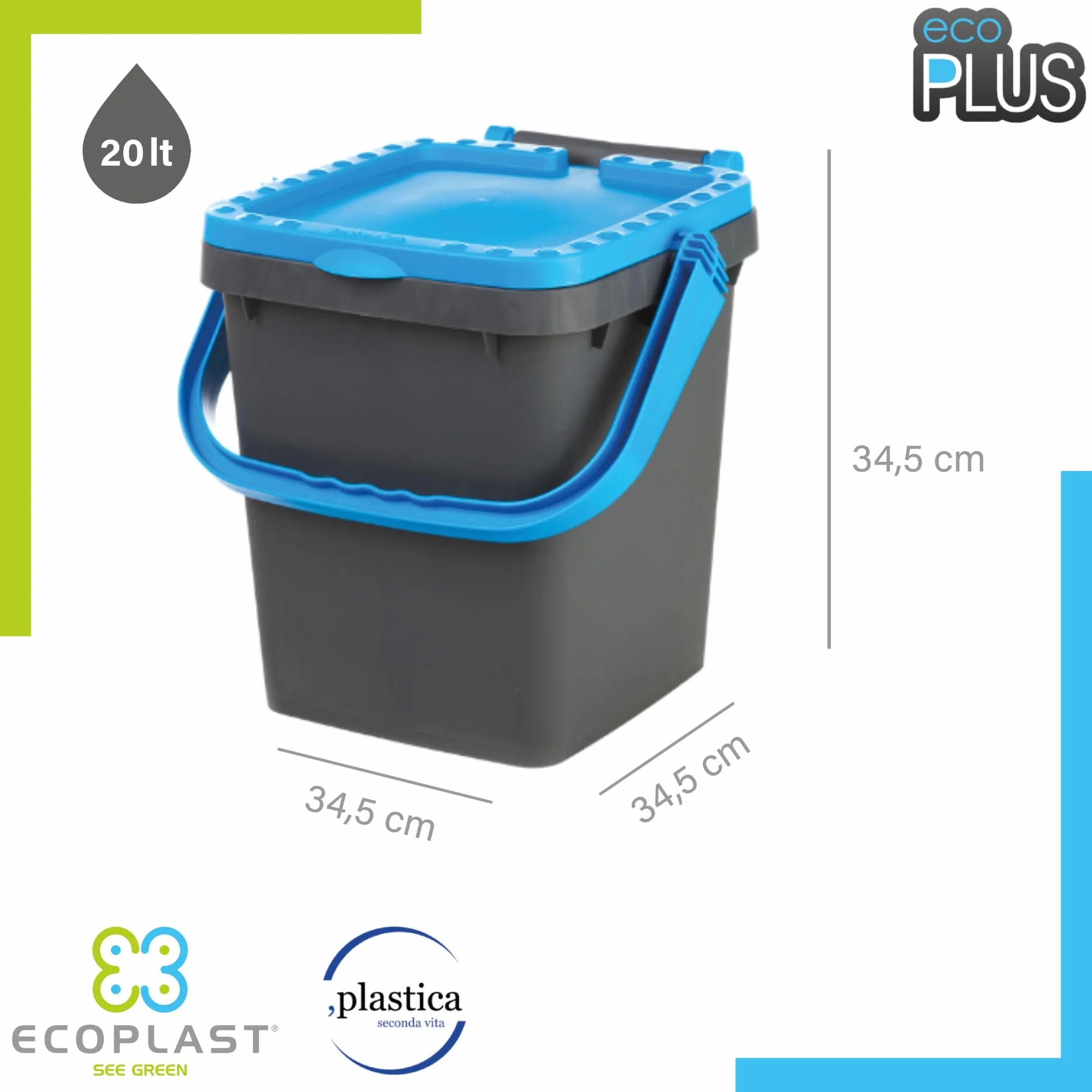 Ecoplast | Pattumiera per Raccolta Differenziata 20 Lt, Bidone Spazzatura in Plastica Riciclata, Blu, 34,5x34,5x34,5, Made in Italy