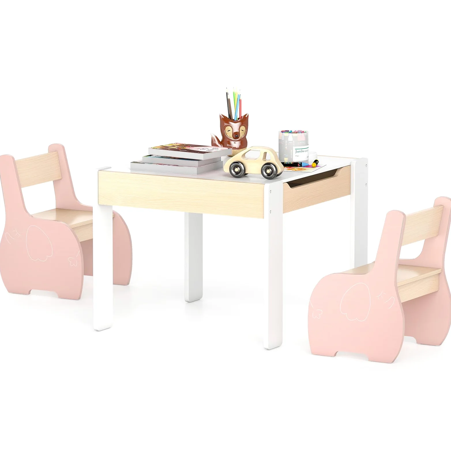 COSTWAY 3 in 1 Set Tavolo e Sedie per Bambini, Tavolo da Attività per Bambini con 2 Sedie, Lavagna Rimovibile e Deposito, per Giocare, Disegnare e Leggere, in Legno (Rosa)