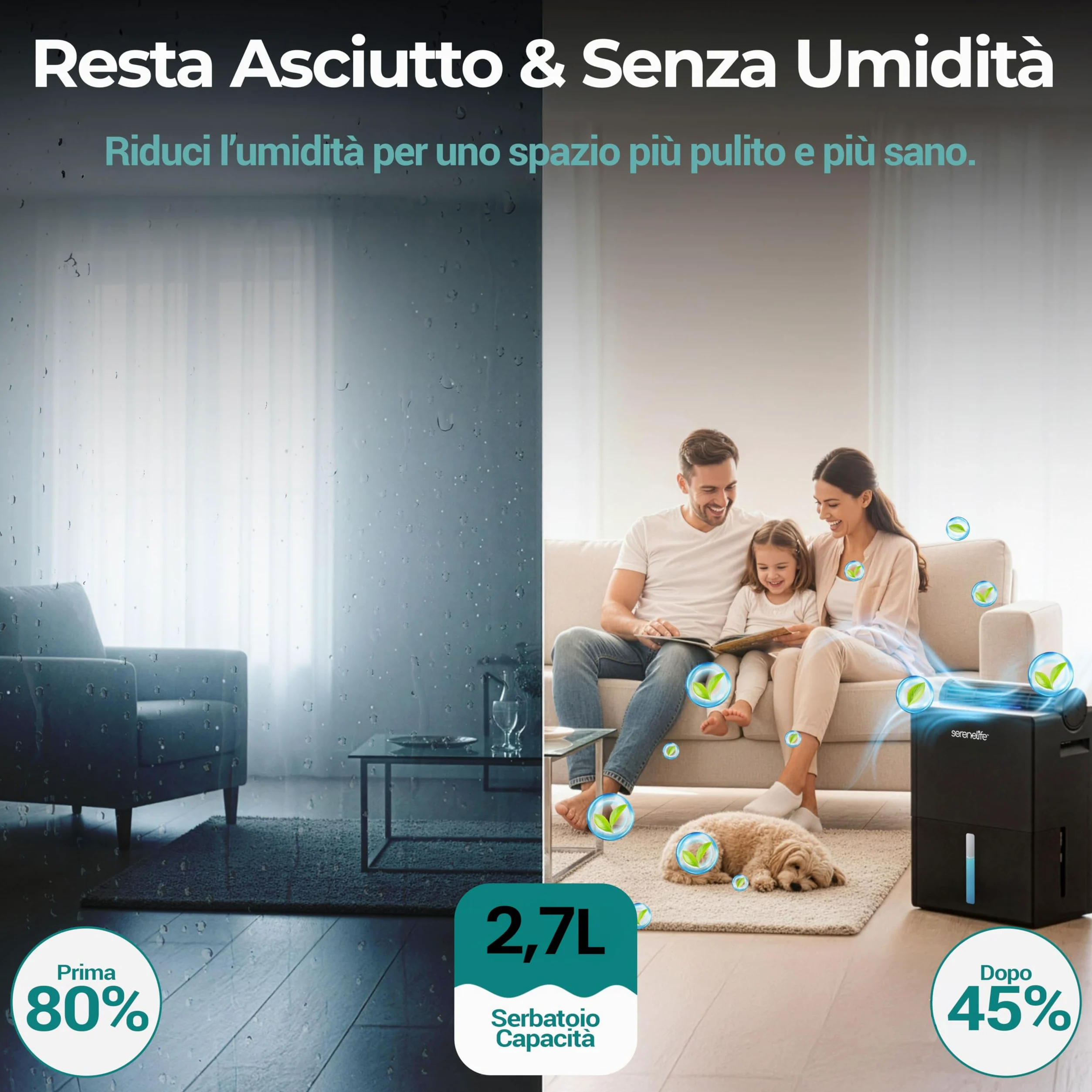 SereneLife Deumidificatore 2-in-1 Silenzioso, 2,5 L Serbatoio, Controllo Umidità Intelligente per Deumidificatore Casa, Camera, Bagno, Cantina e Armadio