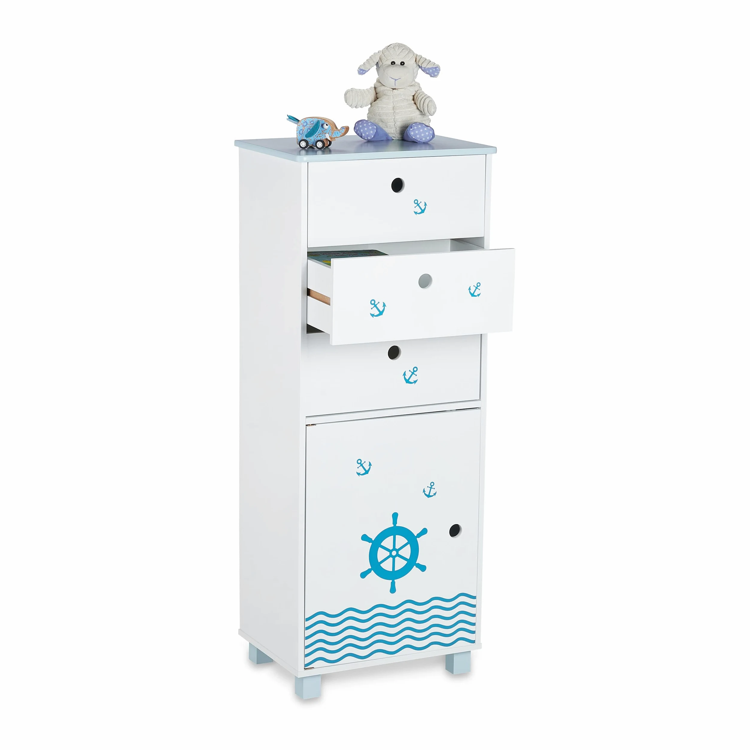 Relaxdays Cassettiera per Bambini, per la Cameretta, 3 Cassetti e 1 Scomparto con Anta, HLP: 105x42x30 cm, Bianco Blu