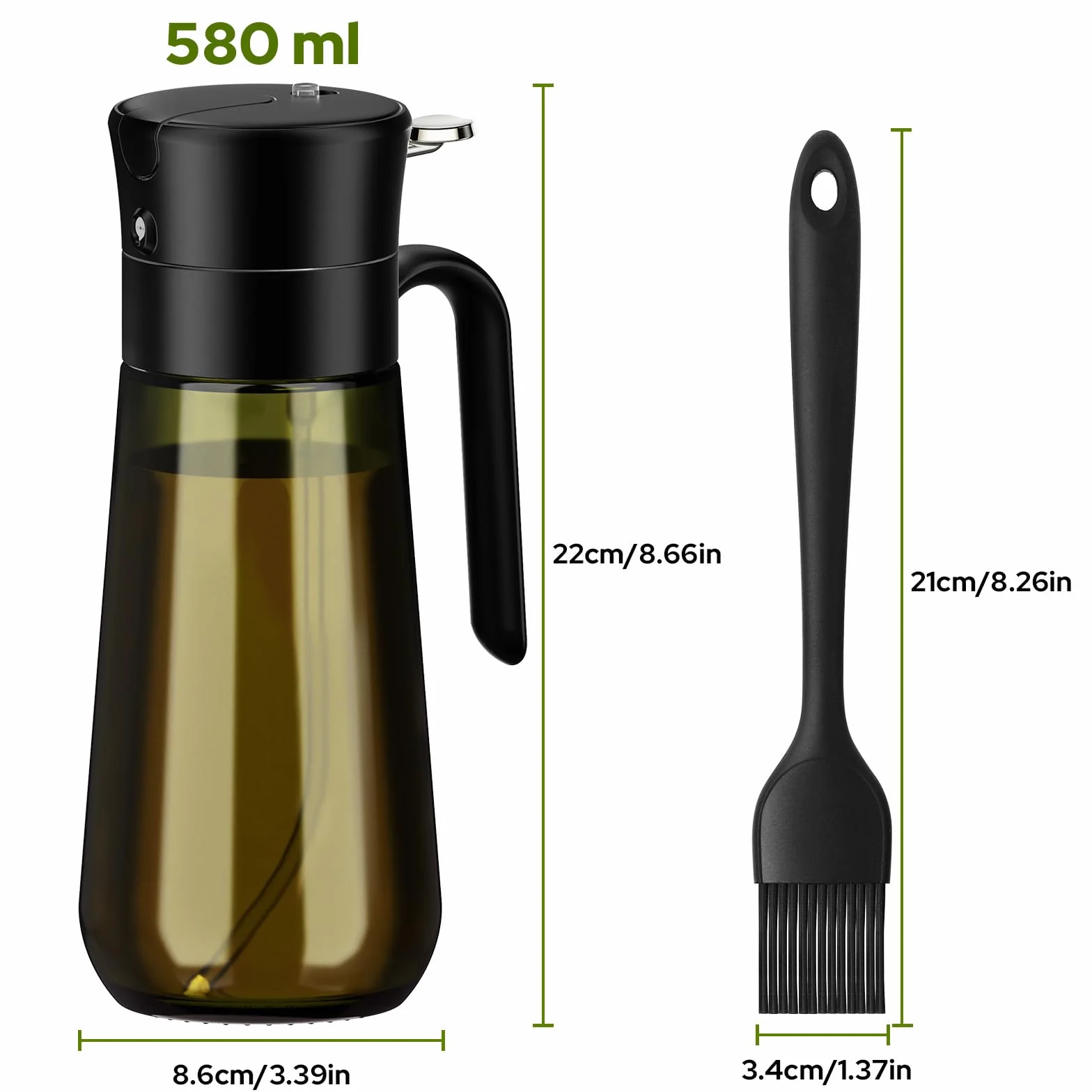Euqvunn Dispenser Olio 2-in-1 con Pennello, Oliera Spray Vetro Oscurato 580ml per Condimenti e Cottura
