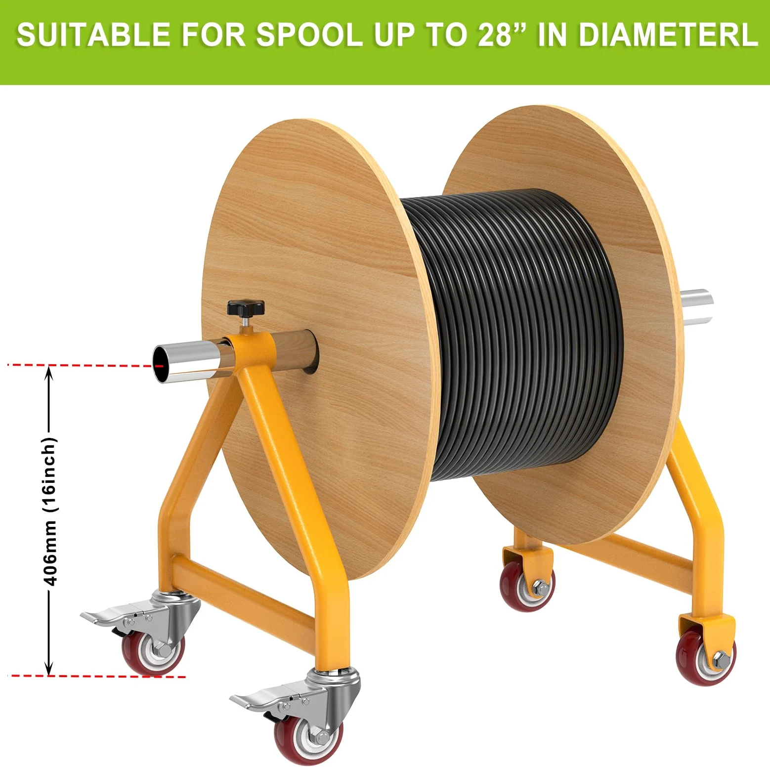 Porta bobine di filo, contenitore portatile per cavi, ruote girevoli con freno, dispenser in acciaio completamente saldato per bobine di diametro fino a 71,1 cm, capacità 99,8 kg, giallo