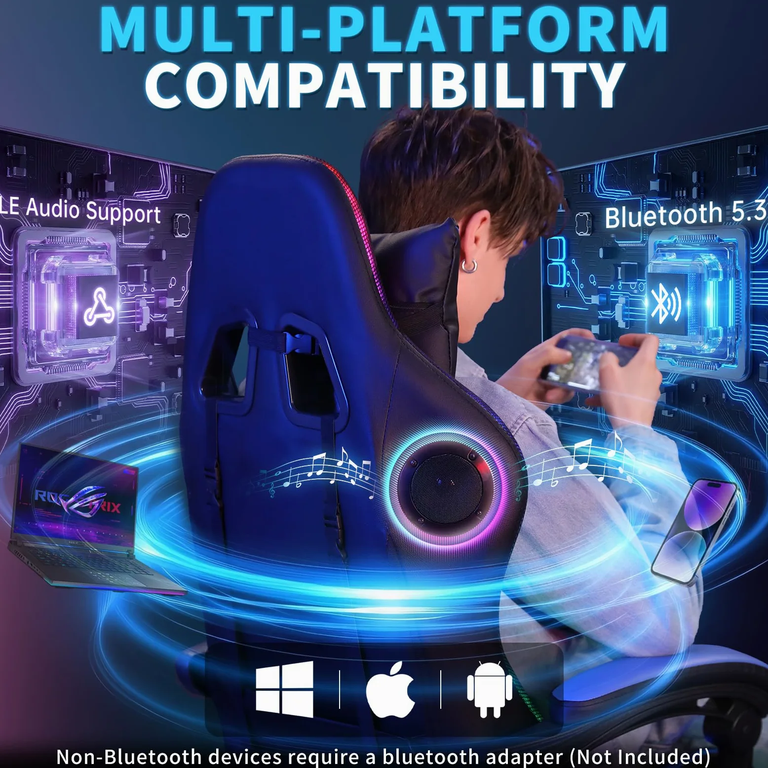 Sedia da gioco con altoparlanti e luce LED, sedia ergonomica per computer con massaggio e poggiapiedi, sedia reclinabile per videogiochi per adulti, supporto regolabile in vita, rosso e nero