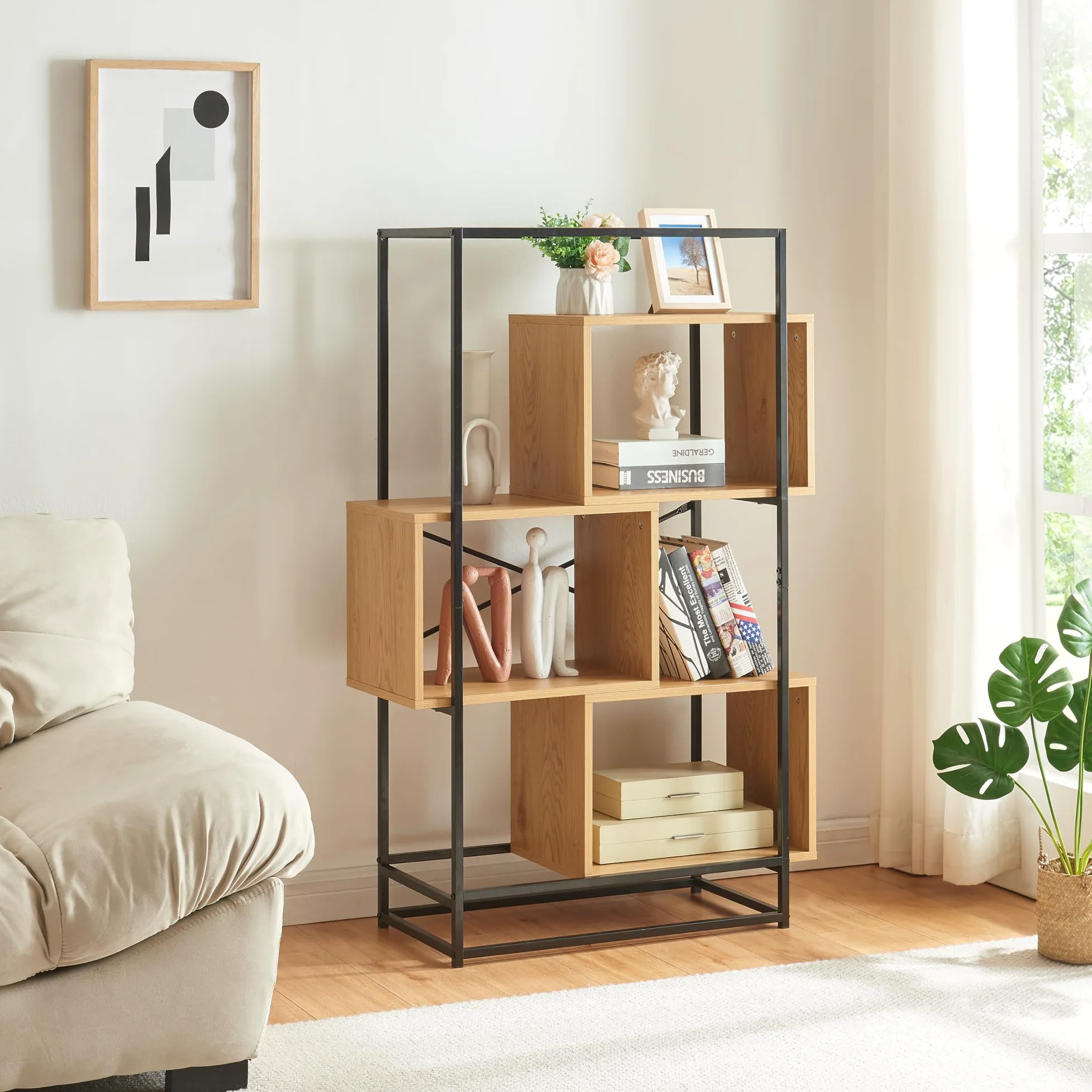 [en.casa] Scaffale da Terra con 3 Scomparti Aperti Libreria Mobile Espositore per Casa Ufficio Negozio 126 x 80 x 33 cm - Effetto Rovere/Nero