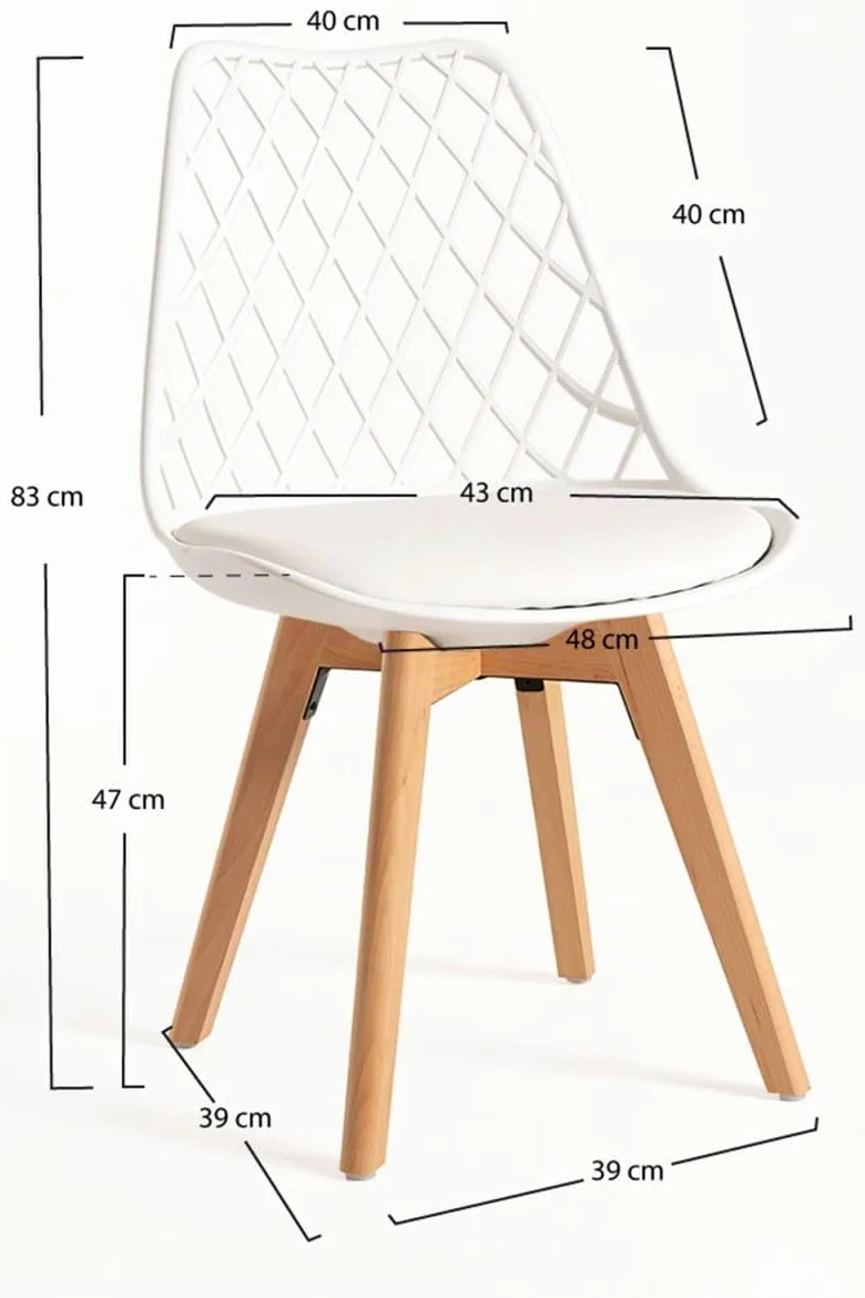 Regalos Miguel Set di 4 sedie Mima bianche, per sala da pranzo e cucina, stile nordico, struttura in polipropilene, seduta imbottita in similpelle e gambe in legno di faggio