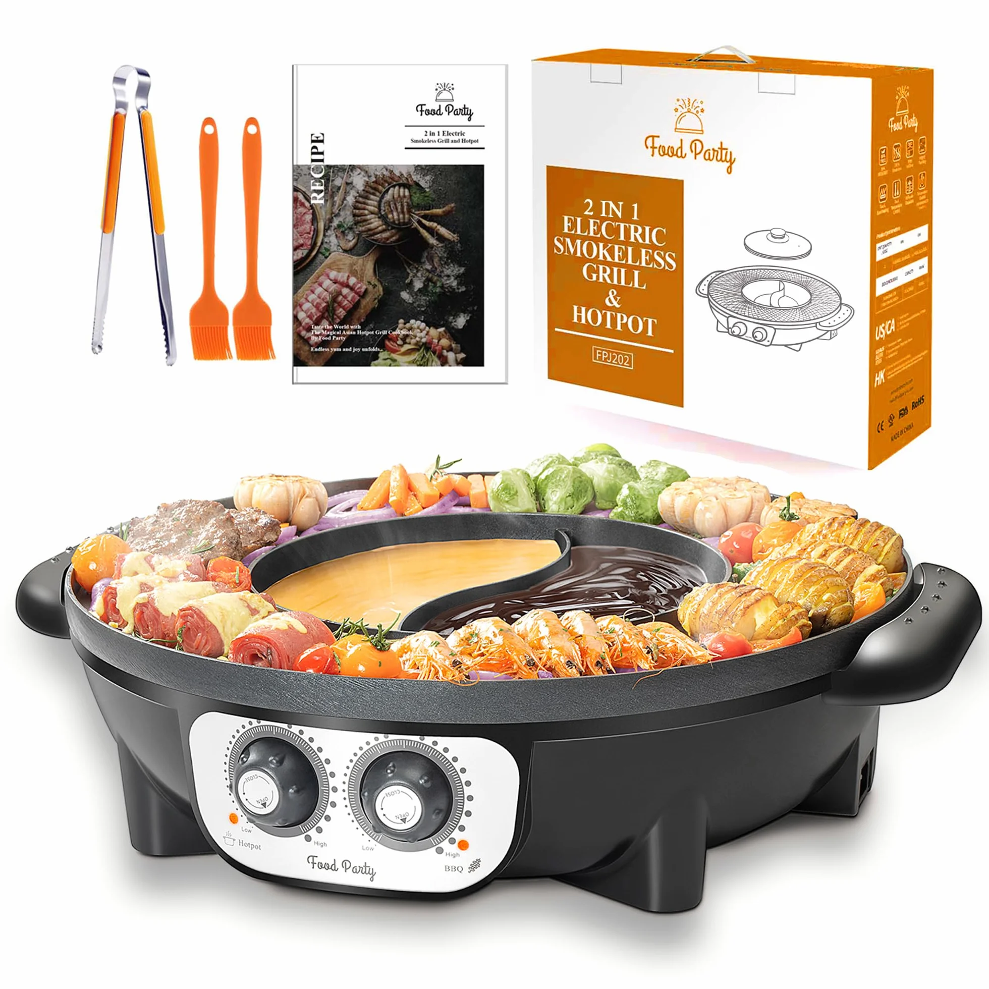 Food Party Hot Pot Elettrico Griglia Elettrica Senza Fumo 220V 2200W 2 in 1 Hotpot Cinese Pentola Calda Electri Korean Grill Barbecue Shabu Shabu Hot Pot