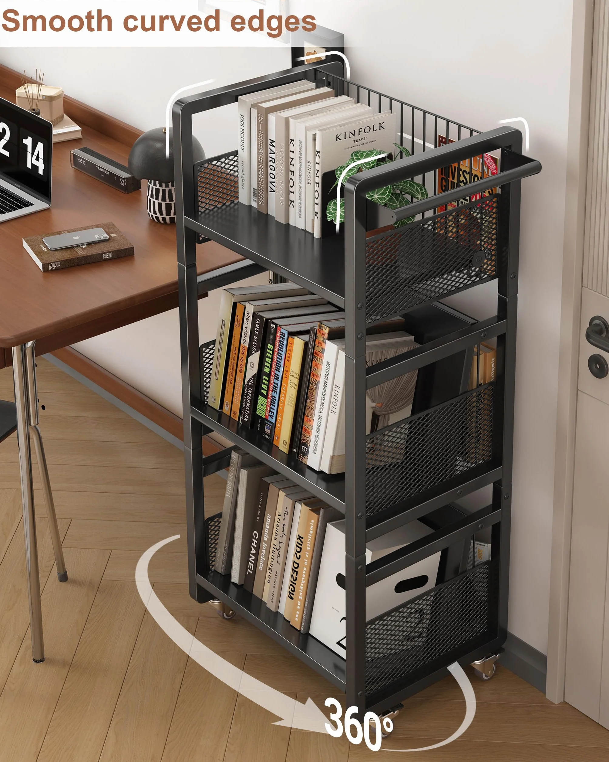 Carrello per Libri con Ruote,Carrello Da Biblioteca con Portata 70kg con Maniglia,Ripiani Piatti a Forma Di L su Un Lato,per Casa,Scuola,con 3 Supporti Magnetici per Libri - Nero