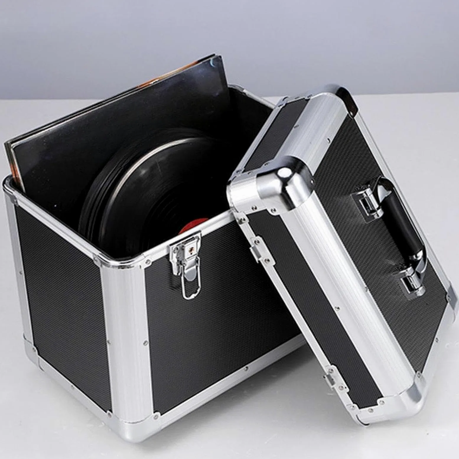 kowaku Scatola Porta Dischi Vinile Organizer Archiviazione Custodia Contenitore Alluminio Leggero con Manico Bloccabile per Collezionisti Appassionati DJ Ada, Nero S