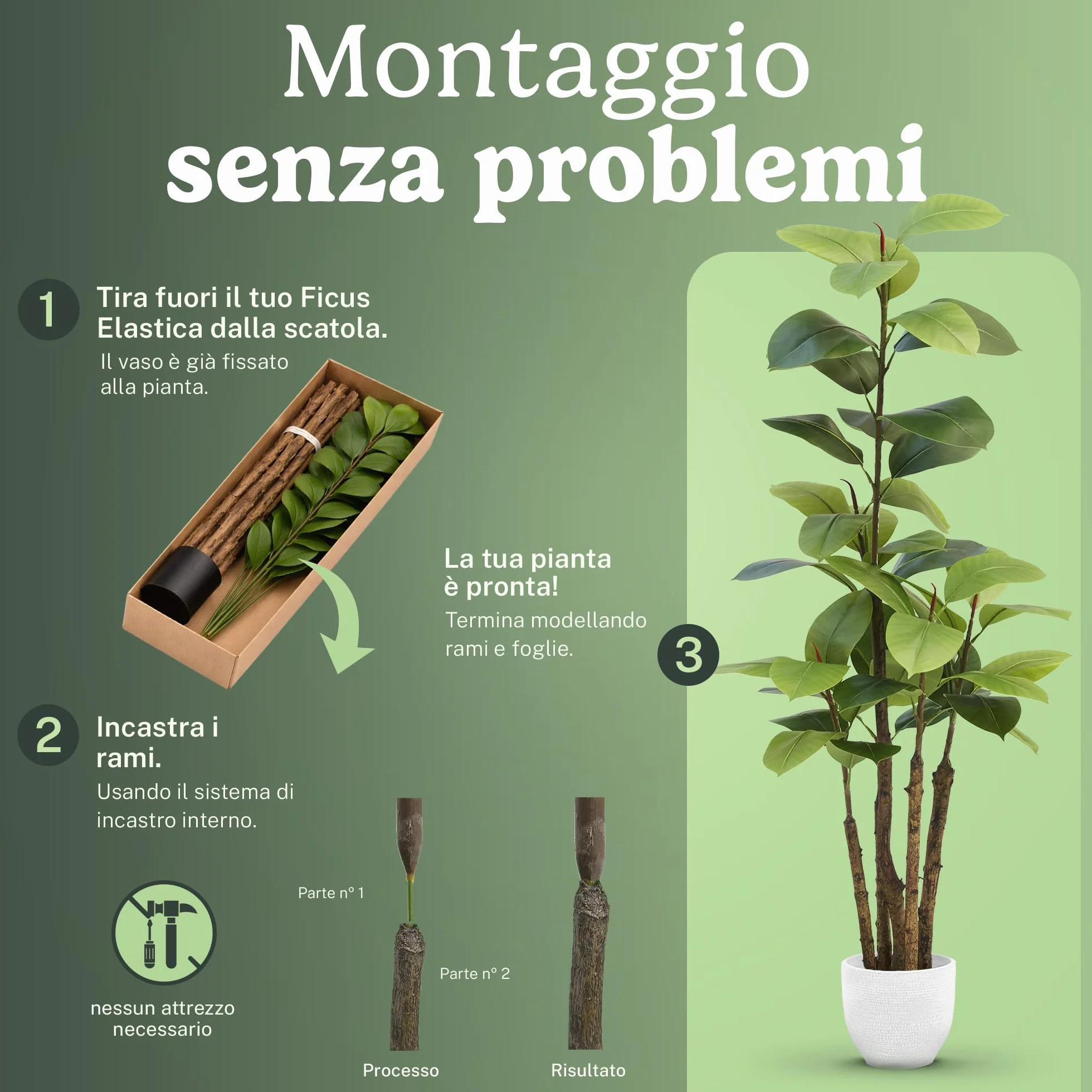 Ficus artificiale 180 cm, pianta finta grande da interno Ficus Elastica iperrealistica, albero decorativo